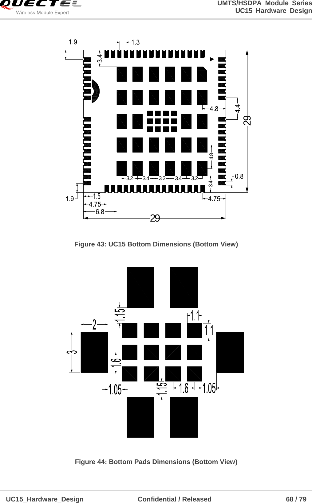                                                                        UMTS/HSDPA Module Series                                                                 UC15 Hardware Design  UC15_Hardware_Design                Confidential / Released                      68 / 79    29294.83.23.43.23.43.23.4 Figure 43: UC15 Bottom Dimensions (Bottom View)  Figure 44: Bottom Pads Dimensions (Bottom View) 