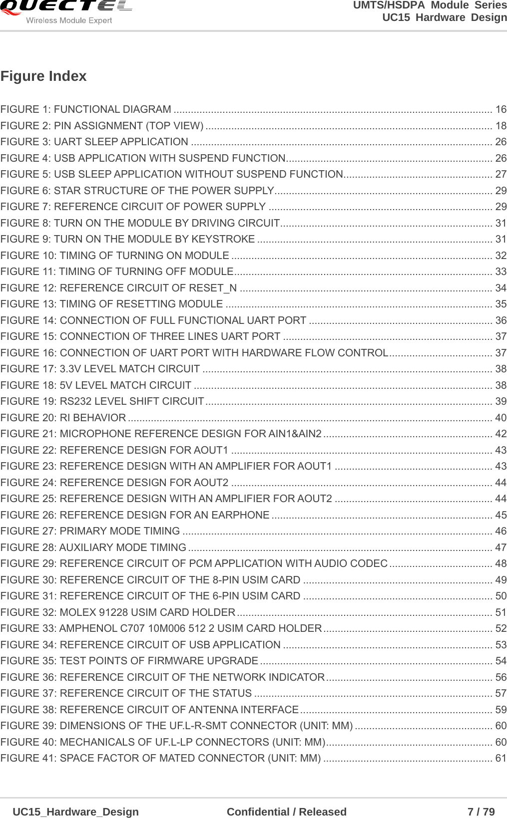                                                                        UMTS/HSDPA Module Series                                                                 UC15 Hardware Design  UC15_Hardware_Design                Confidential / Released                      7 / 79    Figure Index   FIGURE 1: FUNCTIONAL DIAGRAM ............................................................................................................... 16FIGURE 2: PIN ASSIGNMENT (TOP VIEW) .................................................................................................... 18FIGURE 3: UART SLEEP APPLICATION ......................................................................................................... 26FIGURE 4: USB APPLICATION WITH SUSPEND FUNCTION ........................................................................ 26FIGURE 5: USB SLEEP APPLICATION WITHOUT SUSPEND FUNCTION .................................................... 27FIGURE 6: STAR STRUCTURE OF THE POWER SUPPLY ............................................................................ 29FIGURE 7: REFERENCE CIRCUIT OF POWER SUPPLY .............................................................................. 29FIGURE 8: TURN ON THE MODULE BY DRIVING CIRCUIT.......................................................................... 31FIGURE 9: TURN ON THE MODULE BY KEYSTROKE .................................................................................. 31FIGURE 10: TIMING OF TURNING ON MODULE ........................................................................................... 32FIGURE 11: TIMING OF TURNING OFF MODULE .......................................................................................... 33FIGURE 12: REFERENCE CIRCUIT OF RESET_N ........................................................................................ 34FIGURE 13: TIMING OF RESETTING MODULE ............................................................................................. 35FIGURE 14: CONNECTION OF FULL FUNCTIONAL UART PORT ................................................................ 36FIGURE 15: CONNECTION OF THREE LINES UART PORT ......................................................................... 37FIGURE 16: CONNECTION OF UART PORT WITH HARDWARE FLOW CONTROL .................................... 37FIGURE 17: 3.3V LEVEL MATCH CIRCUIT ..................................................................................................... 38FIGURE 18: 5V LEVEL MATCH CIRCUIT ........................................................................................................ 38FIGURE 19: RS232 LEVEL SHIFT CIRCUIT .................................................................................................... 39FIGURE 20: RI BEHAVIOR ............................................................................................................................... 40FIGURE 21: MICROPHONE REFERENCE DESIGN FOR AIN1&amp;AIN2 ........................................................... 42FIGURE 22: REFERENCE DESIGN FOR AOUT1 ........................................................................................... 43FIGURE 23: REFERENCE DESIGN WITH AN AMPLIFIER FOR AOUT1 ....................................................... 43FIGURE 24: REFERENCE DESIGN FOR AOUT2 ........................................................................................... 44FIGURE 25: REFERENCE DESIGN WITH AN AMPLIFIER FOR AOUT2 ....................................................... 44FIGURE 26: REFERENCE DESIGN FOR AN EARPHONE ............................................................................. 45FIGURE 27: PRIMARY MODE TIMING ............................................................................................................ 46FIGURE 28: AUXILIARY MODE TIMING .......................................................................................................... 47FIGURE 29: REFERENCE CIRCUIT OF PCM APPLICATION WITH AUDIO CODEC .................................... 48FIGURE 30: REFERENCE CIRCUIT OF THE 8-PIN USIM CARD .................................................................. 49FIGURE 31: REFERENCE CIRCUIT OF THE 6-PIN USIM CARD .................................................................. 50FIGURE 32: MOLEX 91228 USIM CARD HOLDER ......................................................................................... 51FIGURE 33: AMPHENOL C707 10M006 512 2 USIM CARD HOLDER ...........................................................  52FIGURE 34: REFERENCE CIRCUIT OF USB APPLICATION ......................................................................... 53FIGURE 35: TEST POINTS OF FIRMWARE UPGRADE ................................................................................. 54FIGURE 36: REFERENCE CIRCUIT OF THE NETWORK INDICATOR .......................................................... 56FIGURE 37: REFERENCE CIRCUIT OF THE STATUS ................................................................................... 57FIGURE 38: REFERENCE CIRCUIT OF ANTENNA INTERFACE ................................................................... 59FIGURE 39: DIMENSIONS OF THE UF.L-R-SMT CONNECTOR (UNIT: MM) ................................................ 60FIGURE 40: MECHANICALS OF UF.L-LP CONNECTORS (UNIT: MM) .......................................................... 60FIGURE 41: SPACE FACTOR OF MATED CONNECTOR (UNIT: MM) ........................................................... 61