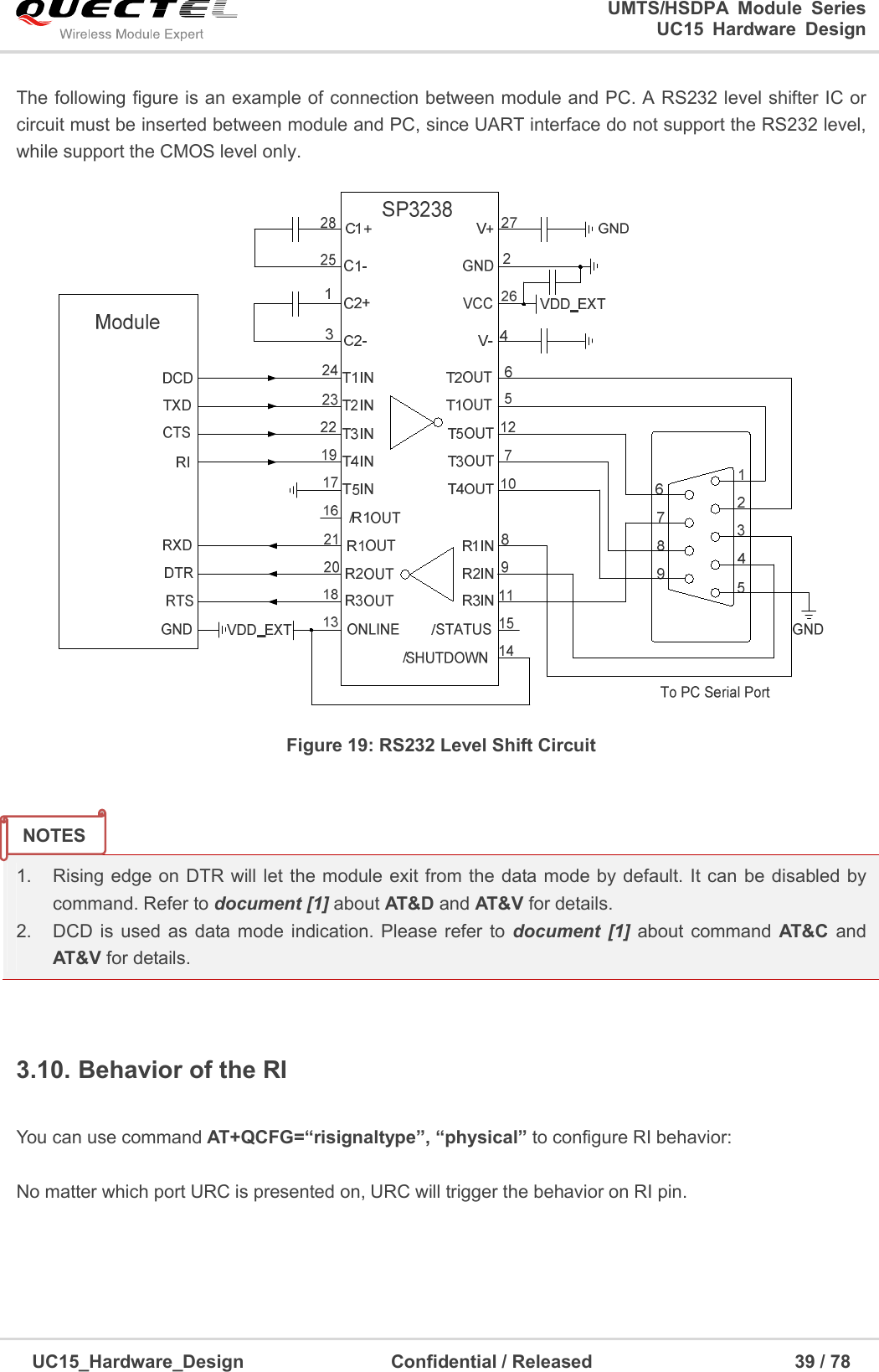                                                                        UMTS/HSDPA  Module  Series                                                                 UC15 Hardware Design  UC15_Hardware_Design                                Confidential / Released                                            39 / 78    The following figure is an example of connection between module and PC. A RS232 level shifter IC or circuit must be inserted between module and PC, since UART interface do not support the RS232 level, while support the CMOS level only.    Figure 19: RS232 Level Shift Circuit     1.  Rising edge on DTR will let  the module exit from  the  data mode by default. It can  be disabled by command. Refer to document [1] about AT&amp;D and AT&amp;V for details. 2.  DCD  is  used  as  data mode  indication. Please  refer to  document  [1] about  command  AT&amp;C and AT&amp;V for details.  3.10. Behavior of the RI  You can use command AT+QCFG=“risignaltype”, “physical” to configure RI behavior:  No matter which port URC is presented on, URC will trigger the behavior on RI pin.    NOTES 