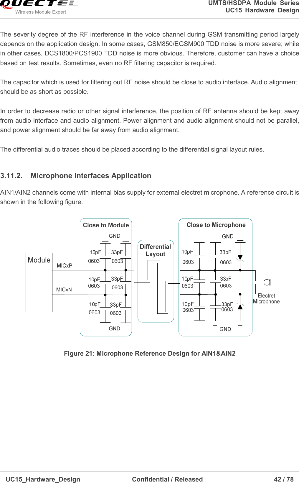                                                                        UMTS/HSDPA  Module  Series                                                                 UC15 Hardware Design  UC15_Hardware_Design                                Confidential / Released                                            42 / 78    The severity degree of the RF interference in the voice channel during GSM transmitting period largely depends on the application design. In some cases, GSM850/EGSM900 TDD noise is more severe; while in other cases, DCS1800/PCS1900 TDD noise is more obvious. Therefore, customer can have a choice based on test results. Sometimes, even no RF filtering capacitor is required.  The capacitor which is used for filtering out RF noise should be close to audio interface. Audio alignment should be as short as possible.  In order to decrease radio or other signal interference, the position of RF antenna should be kept away from audio interface and audio alignment. Power alignment and audio alignment should not be parallel, and power alignment should be far away from audio alignment.  The differential audio traces should be placed according to the differential signal layout rules.    3.11.2.  Microphone Interfaces Application AIN1/AIN2 channels come with internal bias supply for external electret microphone. A reference circuit is shown in the following figure.    Figure 21: Microphone Reference Design for AIN1&amp;AIN2  