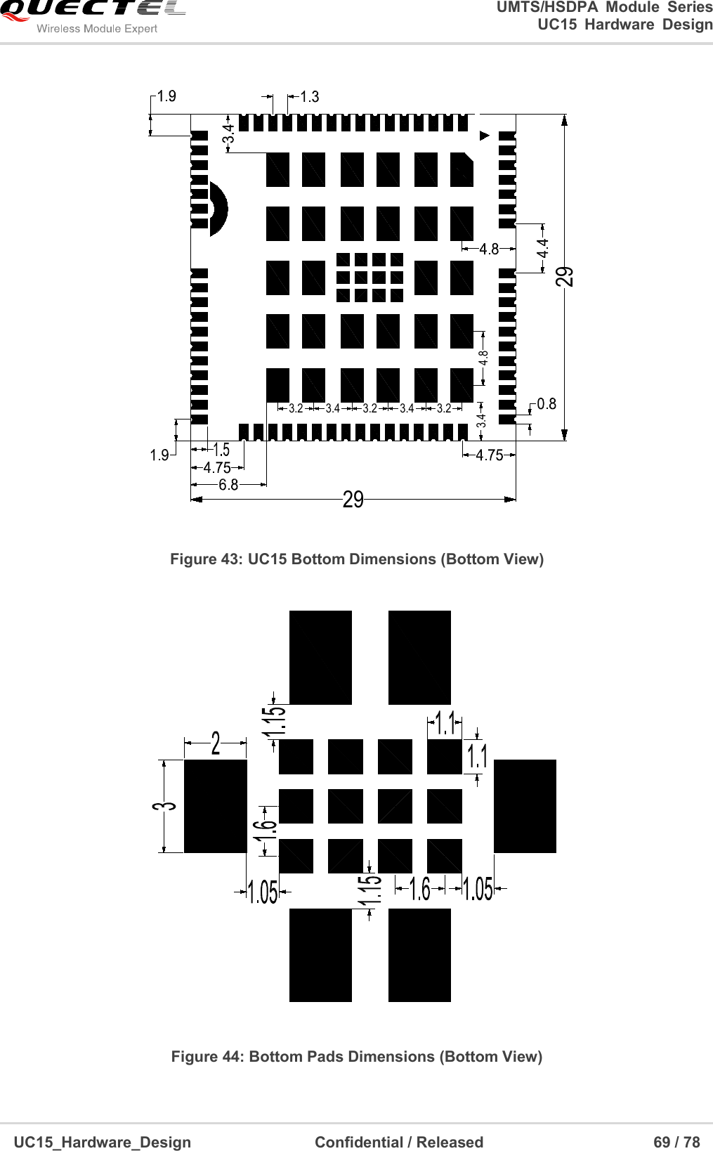                                                                       UMTS/HSDPA  Module  Series                                                                 UC15 Hardware Design  UC15_Hardware_Design                                Confidential / Released                                            69 / 78    29294.83.23.43.23.43.23.4 Figure 43: UC15 Bottom Dimensions (Bottom View)  Figure 44: Bottom Pads Dimensions (Bottom View) 