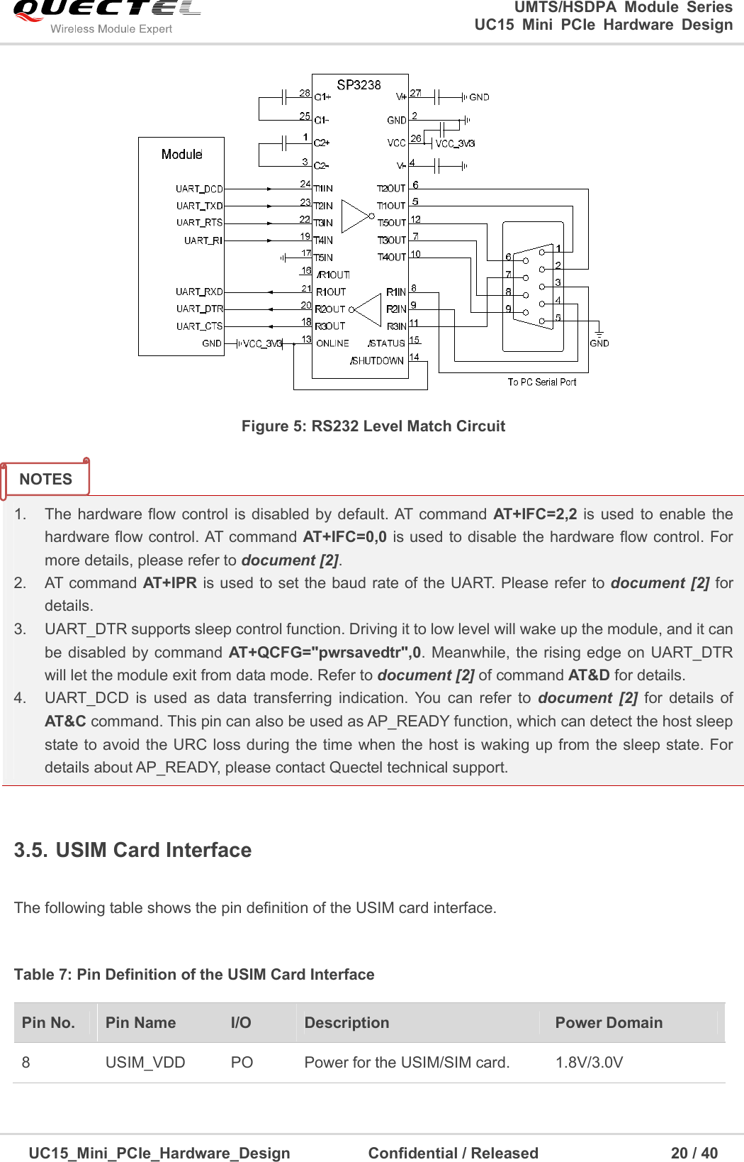                                                                        UMTS/HSDPA  Module  Series                                                          UC15 Mini PCIe Hardware Design  UC15_Mini_PCIe_Hardware_Design                    Confidential / Released                                  20 / 40     Figure 5: RS232 Level Match Circuit    1.  The hardware flow  control is disabled by  default. AT command AT+IFC=2,2 is used to enable the hardware flow control. AT command AT+IFC=0,0 is used to disable the hardware flow control. For more details, please refer to document [2]. 2.  AT command AT+IPR is used to set the baud rate of the UART. Please refer to document [2] for details. 3.  UART_DTR supports sleep control function. Driving it to low level will wake up the module, and it can be disabled by  command AT+QCFG=&quot;pwrsavedtr&quot;,0. Meanwhile,  the rising edge  on UART_DTR will let the module exit from data mode. Refer to document [2] of command AT&amp;D for details.     4.  UART_DCD  is  used  as  data  transferring  indication.  You  can  refer  to  document  [2]  for  details  of AT&amp;C command. This pin can also be used as AP_READY function, which can detect the host sleep state to avoid the URC loss during the time  when the host is waking up from the sleep state. For details about AP_READY, please contact Quectel technical support.  3.5. USIM Card Interface  The following table shows the pin definition of the USIM card interface.  Table 7: Pin Definition of the USIM Card Interface Pin No.  Pin Name I/O  Description Power Domain                       8 USIM_VDD PO                       Power for the USIM/SIM card.  1.8V/3.0V                        NOTES 
