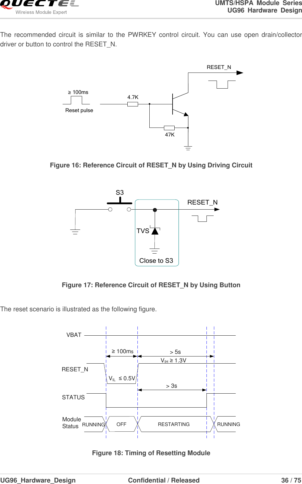                                                                        UMTS/HSPA  Module  Series                                                                 UG96  Hardware  Design  UG96_Hardware_Design                  Confidential / Released                             36 / 75    The  recommended circuit is  similar to  the PWRKEY  control circuit. You  can use  open drain/collector driver or button to control the RESET_N. Reset pulseRESET_N4.7K47K≥ 100ms Figure 16: Reference Circuit of RESET_N by Using Driving Circuit  RESET_NS3Close to S3TVS Figure 17: Reference Circuit of RESET_N by Using Button  The reset scenario is illustrated as the following figure.  VIL  ≤ 0.5VVIH ≥ 1.3VVBAT≥ 100msRESTARTINGModule      StatusRESET_NRUNNING&gt; 5sSTATUS&gt; 3sRUNNING OFF Figure 18: Timing of Resetting Module 
