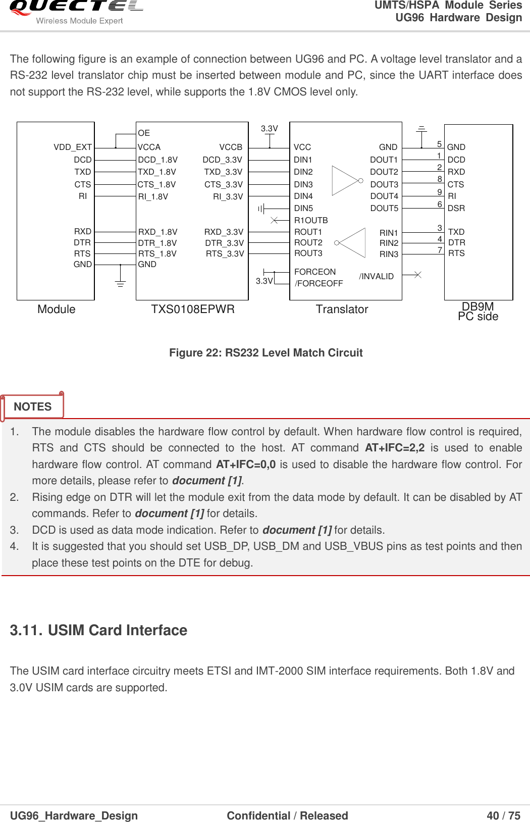                                                                        UMTS/HSPA  Module  Series                                                                 UG96  Hardware  Design  UG96_Hardware_Design                  Confidential / Released                             40 / 75    The following figure is an example of connection between UG96 and PC. A voltage level translator and a RS-232 level translator chip must be inserted between module and PC, since the UART interface does not support the RS-232 level, while supports the 1.8V CMOS level only.    TXS0108EPWRDCD_3.3VRTS_3.3VDTR_3.3VRXD_3.3VRI_3.3VCTS_3.3VTXD_3.3VDCDRTSDTRRXDRICTSTXDDCD_1.8VRTS_1.8VDTR_1.8VRXD_1.8VRI_1.8VCTS_1.8VTXD_1.8VVCCAModuleGND GNDVDD_EXT VCCB3.3VDIN1ROUT3ROUT2ROUT1DIN4DIN3DIN2DIN5R1OUTBFORCEON/FORCEOFF /INVALID3.3VDOUT1DOUT2DOUT3DOUT4DOUT5RIN3RIN2RIN1VCC GNDOETranslator DB9MPC sideDCDRTSDTRTXDRICTSRXDDSRGND123456789 Figure 22: RS232 Level Match Circuit   1.  The module disables the hardware flow control by default. When hardware flow control is required, RTS  and  CTS  should  be  connected  to  the  host.  AT  command  AT+IFC=2,2  is  used  to  enable hardware flow control. AT command AT+IFC=0,0 is used to disable the hardware flow control. For more details, please refer to document [1]. 2.  Rising edge on DTR will let the module exit from the data mode by default. It can be disabled by AT commands. Refer to document [1] for details. 3.  DCD is used as data mode indication. Refer to document [1] for details. 4.  It is suggested that you should set USB_DP, USB_DM and USB_VBUS pins as test points and then place these test points on the DTE for debug.  3.11. USIM Card Interface  The USIM card interface circuitry meets ETSI and IMT-2000 SIM interface requirements. Both 1.8V and 3.0V USIM cards are supported.    NOTES 