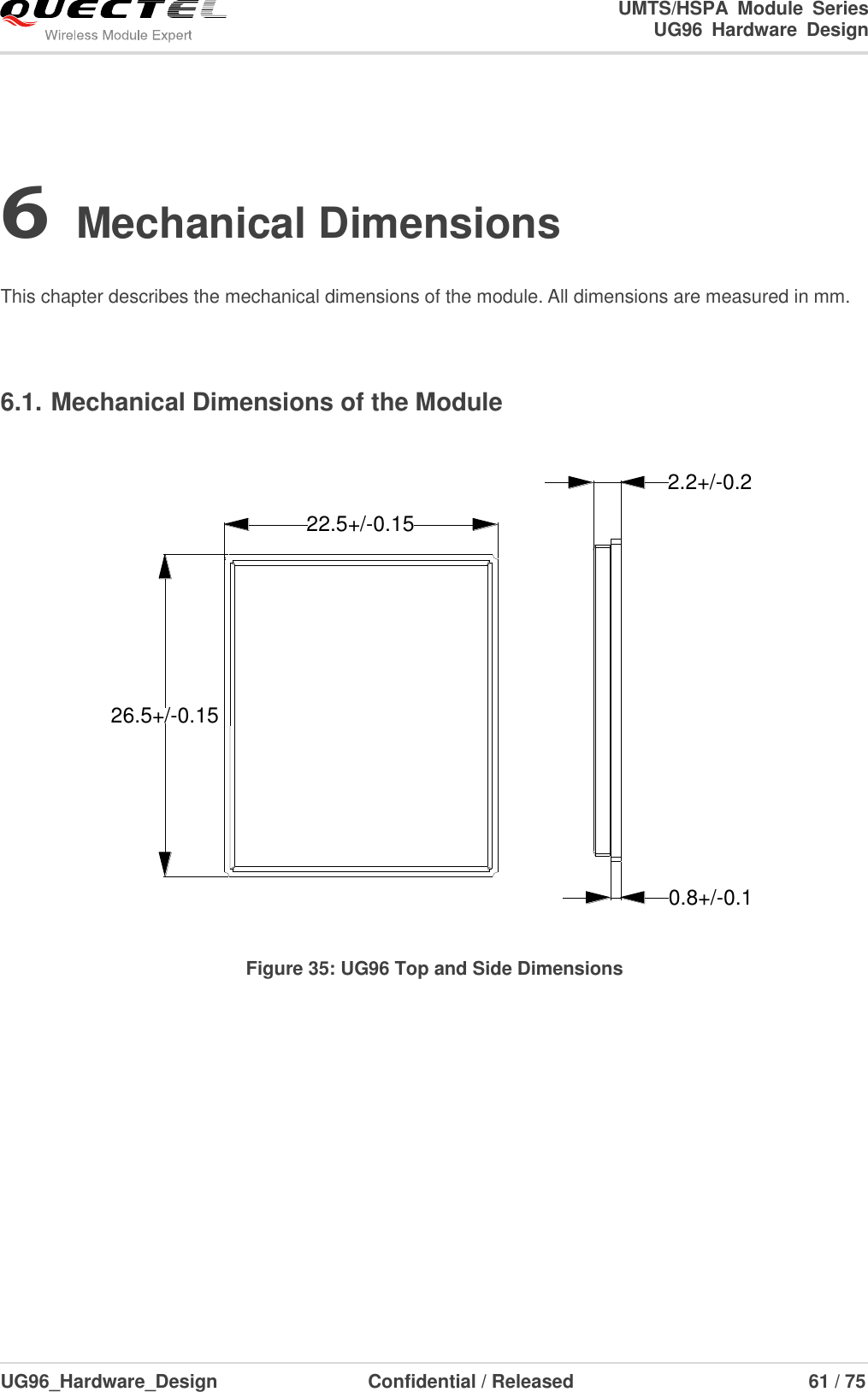                                                                        UMTS/HSPA  Module  Series                                                                 UG96  Hardware  Design  UG96_Hardware_Design                  Confidential / Released                             61 / 75    6 Mechanical Dimensions  This chapter describes the mechanical dimensions of the module. All dimensions are measured in mm.  6.1. Mechanical Dimensions of the Module    22.5+/-0.1526.5+/-0.152.2+/-0.20.8+/-0.1 Figure 35: UG96 Top and Side Dimensions  