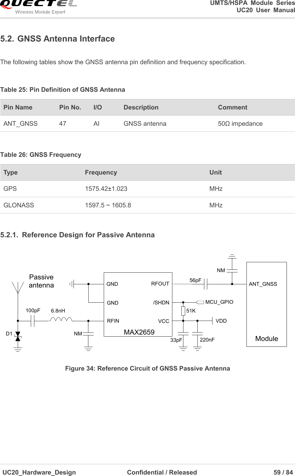                                                                                                                                               UMTS/HSPA  Module  Series                                                                 UC20  User  Manual  UC20_Hardware_Design                  Confidential / Released                            59 / 84     5.2. GNSS Antenna Interface  The following tables show the GNSS antenna pin definition and frequency specification.  Table 25: Pin Definition of GNSS Antenna Pin Name   Pin No. I/O Description   Comment ANT_GNSS 47 AI GNSS antenna 50Ω impedance  Table 26: GNSS Frequency Type Frequency Unit GPS 1575.42±1.023 MHz GLONASS 1597.5 ~ 1605.8 MHz  5.2.1.  Reference Design for Passive Antenna PassiveantennaMAX2659ModuleANT_GNSS/SHDNGNDRFINGND RFOUTVCC VDDMCU_GPIO100pF 6.8nH220nF33pF51KNMNM56pFD1 Figure 34: Reference Circuit of GNSS Passive Antenna    
