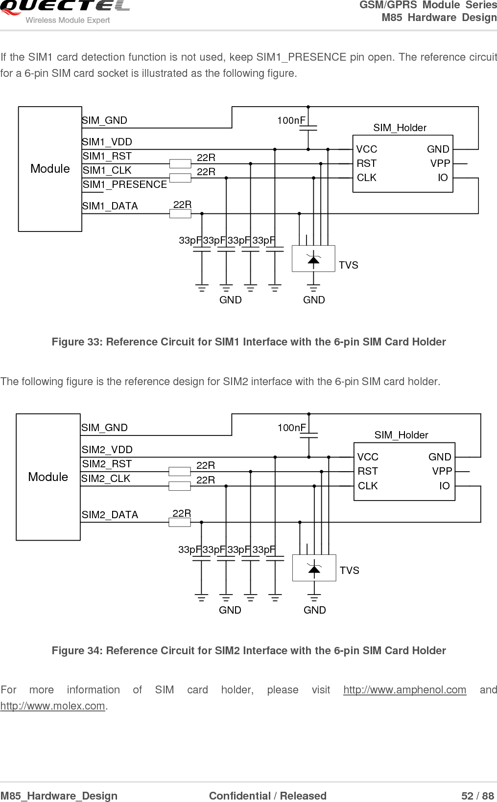                                                                                                                                               GSM/GPRS  Module  Series                                                                 M85  Hardware  Design  M85_Hardware_Design                  Confidential / Released                             52 / 88      If the SIM1 card detection function is not used, keep SIM1_PRESENCE pin open. The reference circuit for a 6-pin SIM card socket is illustrated as the following figure.  ModuleSIM1_VDDSIM_GNDSIM1_RSTSIM1_CLKSIM1_DATASIM1_PRESENCE22R22R22R100nF SIM_HolderGNDTVS33pF33pF 33pFVCCRSTCLK IOVPPGNDGND33pF Figure 33: Reference Circuit for SIM1 Interface with the 6-pin SIM Card Holder  The following figure is the reference design for SIM2 interface with the 6-pin SIM card holder.  ModuleSIM2_VDDSIM_GNDSIM2_RSTSIM2_CLKSIM2_DATA 22R22R22R100nF SIM_HolderGNDTVS33pF33pF 33pFVCCRSTCLK IOVPPGNDGND33pF Figure 34: Reference Circuit for SIM2 Interface with the 6-pin SIM Card Holder  For  more  information  of  SIM  card  holder,  please  visit  http://www.amphenol.com  and http://www.molex.com.      