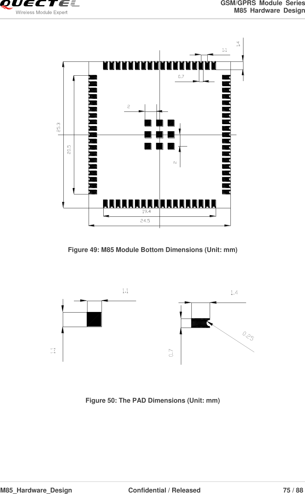                                                                                                                                               GSM/GPRS  Module  Series                                                                 M85  Hardware  Design  M85_Hardware_Design                  Confidential / Released                             75 / 88       Figure 49: M85 Module Bottom Dimensions (Unit: mm)   Figure 50: The PAD Dimensions (Unit: mm)     