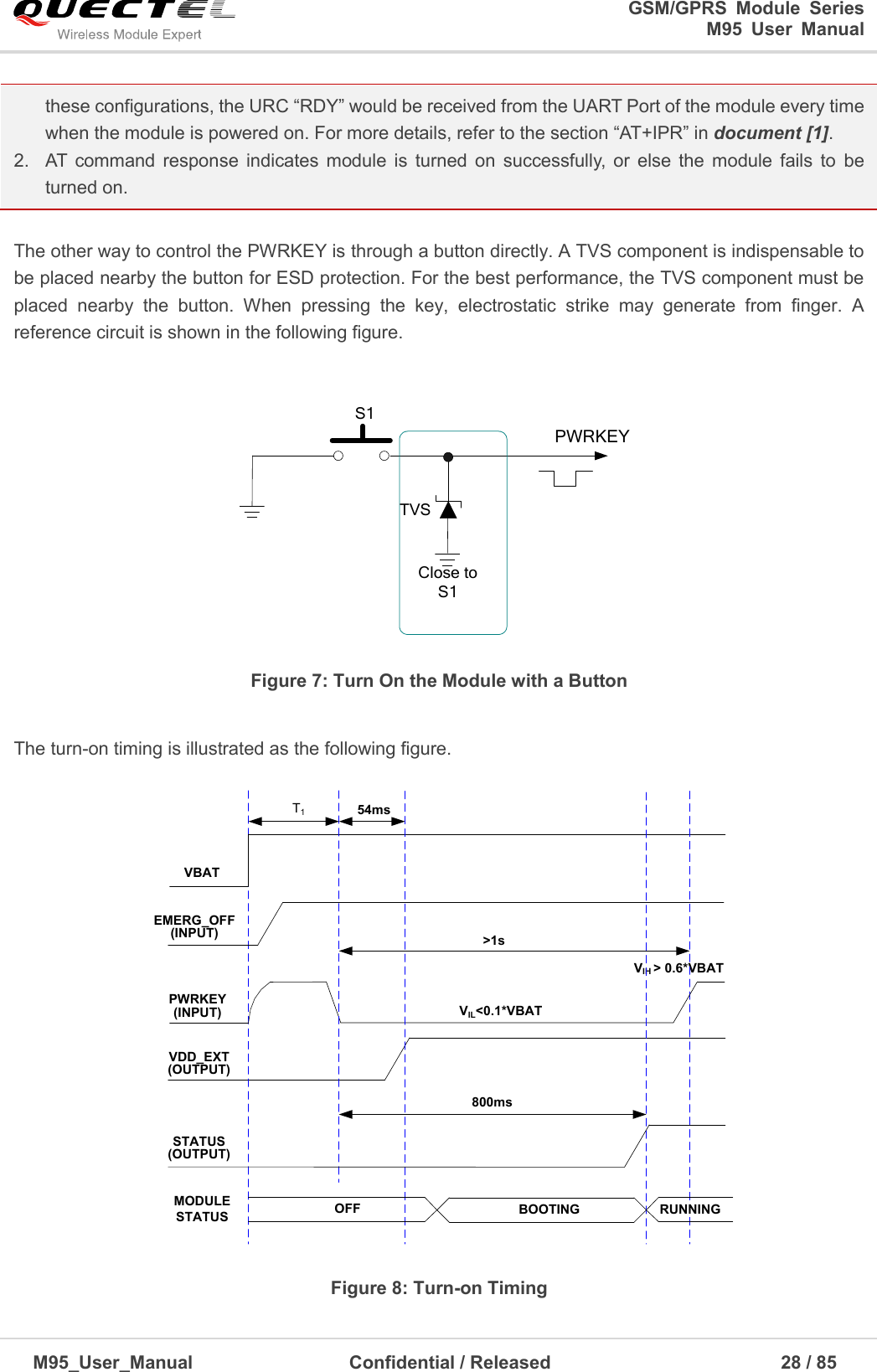                                                                              GSM/GPRS  Module  Series                                                                 M95  User  Manual  M95_User_Manual                                  Confidential / Released                             28 / 85    these configurations, the URC ―RDY‖ would be received from the UART Port of the module every time when the module is powered on. For more details, refer to the section ―AT+IPR‖ in document [1].   2.  AT  command  response  indicates  module  is  turned  on  successfully,  or  else  the  module  fails  to  be turned on.  The other way to control the PWRKEY is through a button directly. A TVS component is indispensable to be placed nearby the button for ESD protection. For the best performance, the TVS component must be placed  nearby  the  button.  When  pressing  the  key,  electrostatic  strike  may  generate  from  finger.  A reference circuit is shown in the following figure.  PWRKEYS1Close to S1TVS Figure 7: Turn On the Module with a Button  The turn-on timing is illustrated as the following figure. VDD_EXT(OUTPUT)VIL&lt;0.1*VBATVIH &gt; 0.6*VBATVBATPWRKEY(INPUT)EMERG_OFF(INPUT)54msSTATUS(OUTPUT)800ms&gt;1sOFF BOOTINGMODULE STATUS RUNNINGT1 Figure 8: Turn-on Timing 