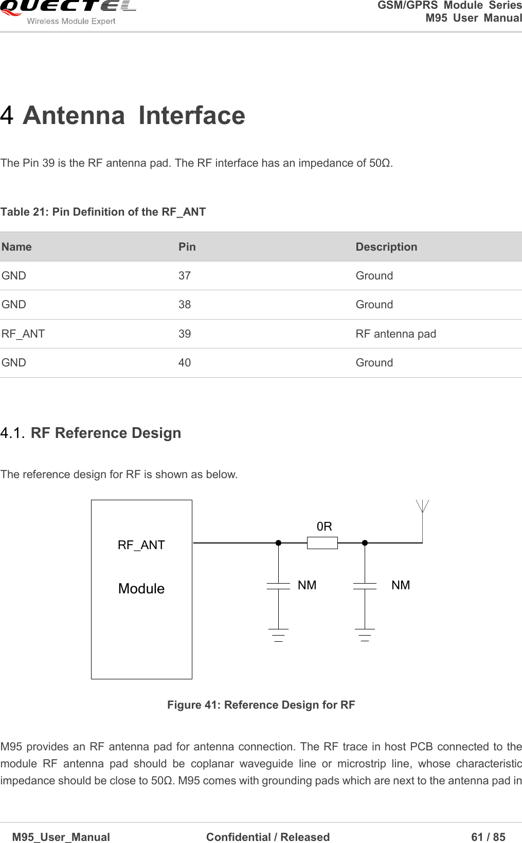                                                                              GSM/GPRS  Module  Series                                                                 M95  User  Manual  M95_User_Manual                                  Confidential / Released                             61 / 85    4 Antenna  Interface  The Pin 39 is the RF antenna pad. The RF interface has an impedance of 50Ω.    Table 21: Pin Definition of the RF_ANT  4.1. RF Reference Design  The reference design for RF is shown as below. ModuleRF_ANT0RNM NM Figure 41: Reference Design for RF  M95 provides an RF antenna pad for antenna connection. The RF trace in host PCB connected to the module  RF  antenna  pad  should  be  coplanar  waveguide  line  or  microstrip  line,  whose  characteristic impedance should be close to 50Ω. M95 comes with grounding pads which are next to the antenna pad in Name   Pin   Description GND 37 Ground GND 38 Ground RF_ANT 39 RF antenna pad GND 40 Ground 