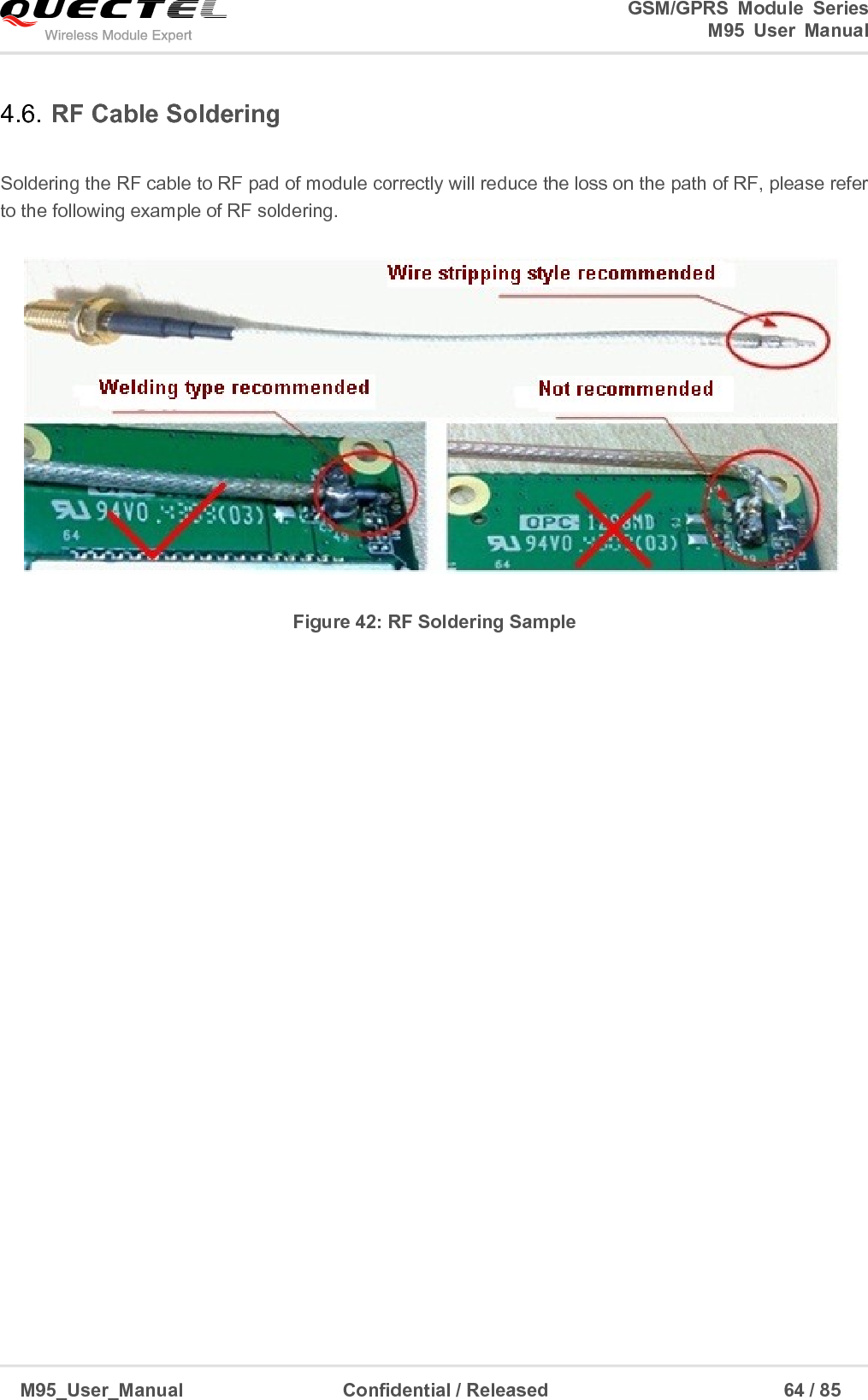                                                                              GSM/GPRS  Module  Series                                                                 M95  User  Manual  M95_User_Manual                                  Confidential / Released                             64 / 85    4.6. RF Cable Soldering  Soldering the RF cable to RF pad of module correctly will reduce the loss on the path of RF, please refer to the following example of RF soldering.  Figure 42: RF Soldering Sample    