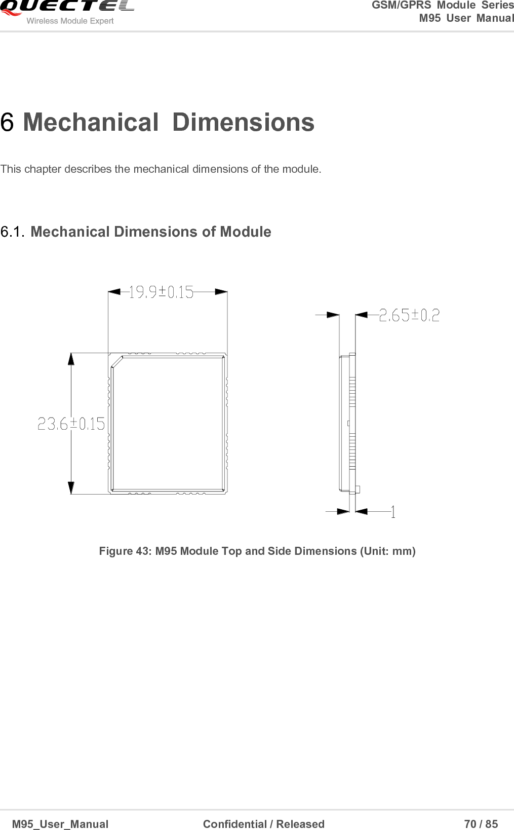                                                                              GSM/GPRS  Module  Series                                                                 M95  User  Manual  M95_User_Manual                                  Confidential / Released                             70 / 85    6 Mechanical  Dimensions  This chapter describes the mechanical dimensions of the module.  6.1. Mechanical Dimensions of Module   Figure 43: M95 Module Top and Side Dimensions (Unit: mm)             