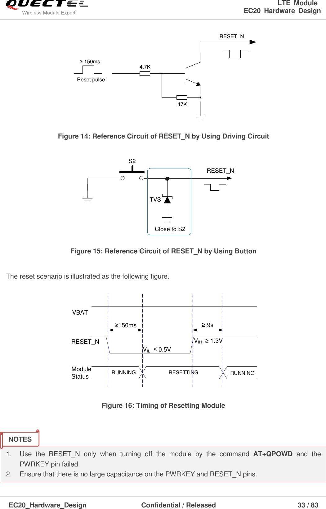                                                                        LTE  Module                                                                   EC20  Hardware  Design  EC20_Hardware_Design                  Confidential / Released                            33 / 83     Reset pulseRESET_N4.7K47K≥ 150ms Figure 14: Reference Circuit of RESET_N by Using Driving Circuit  RESET_NS2Close to S2TVS Figure 15: Reference Circuit of RESET_N by Using Button  The reset scenario is illustrated as the following figure. VIL  ≤ 0.5VVIH  ≥ 1.3VVBAT≥150msRESETTINGModule Status RUNNINGRESET_NRUNNING≥ 9s Figure 16: Timing of Resetting Module   1.  Use  the  RESET_N  only  when  turning  off  the  module  by  the  command  AT+QPOWD  and  the PWRKEY pin failed.   2.  Ensure that there is no large capacitance on the PWRKEY and RESET_N pins. NOTES 