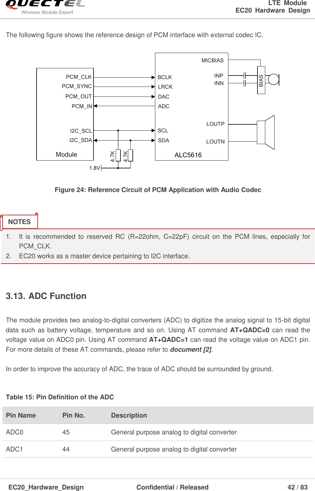                                                                        LTE  Module                                                                   EC20  Hardware  Design  EC20_Hardware_Design                  Confidential / Released                            42 / 83     The following figure shows the reference design of PCM interface with external codec IC.  PCM_INPCM_OUTPCM_SYNCPCM_CLKI2C_SCLI2C_SDAModule1.8V4.7K4.7KBCLKLRCKDACADCSCLSDABIASMICBIASINPINNLOUTPLOUTNALC5616 Figure 24: Reference Circuit of PCM Application with Audio Codec   1.    It  is  recommended  to  reserved  RC  (R=22ohm,  C=22pF)  circuit  on  the  PCM  lines,  especially  for   PCM_CLK. 2.    EC20 works as a master device pertaining to I2C interface.  3.13. ADC Function  The module provides two analog-to-digital converters (ADC) to digitize the analog signal to 15-bit digital data such as battery voltage, temperature and so on. Using AT command AT+QADC=0 can read the voltage value on ADC0 pin. Using AT command AT+QADC=1 can read the voltage value on ADC1 pin. For more details of these AT commands, please refer to document [2].  In order to improve the accuracy of ADC, the trace of ADC should be surrounded by ground.    Table 15: Pin Definition of the ADC   Pin Name Pin No. Description ADC0 45 General purpose analog to digital converter ADC1 44 General purpose analog to digital converter NOTES 