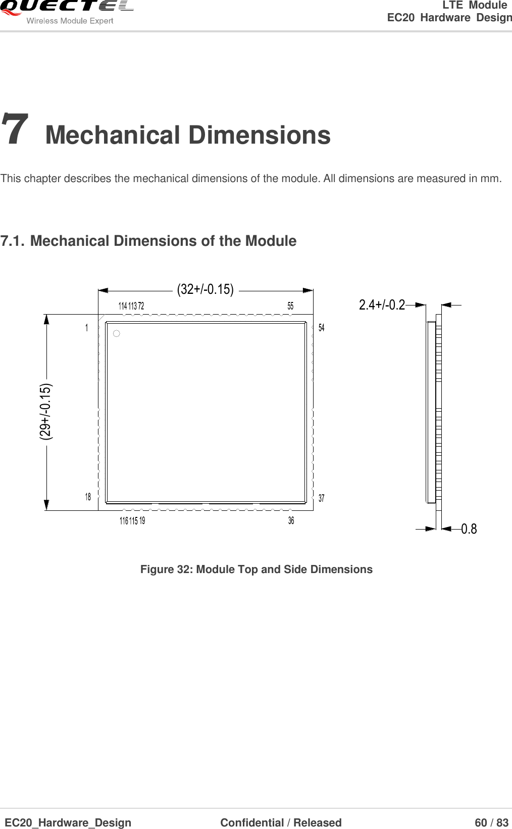                                                                        LTE  Module                                                                   EC20  Hardware  Design  EC20_Hardware_Design                  Confidential / Released                            60 / 83     7 Mechanical Dimensions  This chapter describes the mechanical dimensions of the module. All dimensions are measured in mm.  7.1. Mechanical Dimensions of the Module (32+/-0.15)(29+/-0.15)0.82.4+/-0.2 Figure 32: Module Top and Side Dimensions  