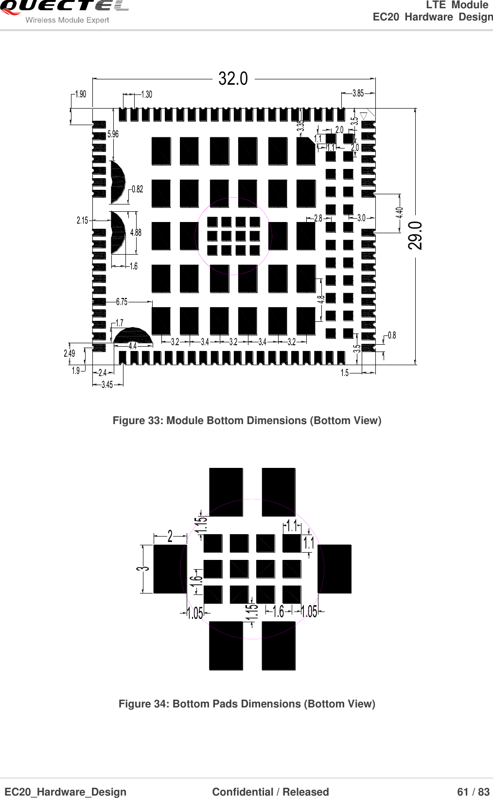                                                                        LTE  Module                                                                   EC20  Hardware  Design  EC20_Hardware_Design                  Confidential / Released                            61 / 83     29.032.0 Figure 33: Module Bottom Dimensions (Bottom View)  Figure 34: Bottom Pads Dimensions (Bottom View)  