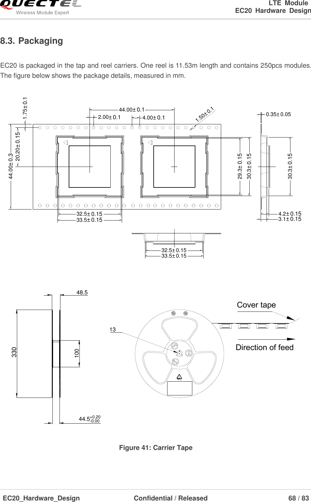                                                                        LTE  Module                                                                   EC20  Hardware  Design  EC20_Hardware_Design                  Confidential / Released                            68 / 83     8.3. Packaging  EC20 is packaged in the tap and reel carriers. One reel is 11.53m length and contains 250pcs modules. The figure below shows the package details, measured in mm.  30.3±0.1529.3±0.1530.3±0.1532.5±0.1533.5±0.150.35±0.054.2±0.153.1±0.1532.5±0.1533.5±0.154.00±0.12.00±0.11.75±0.120.20±0.1544.00±0.344.00±0.11.50±0.1  Direction of feedCover tape1310044.5+0.20-0.0048.5 Figure 41: Carrier Tape  