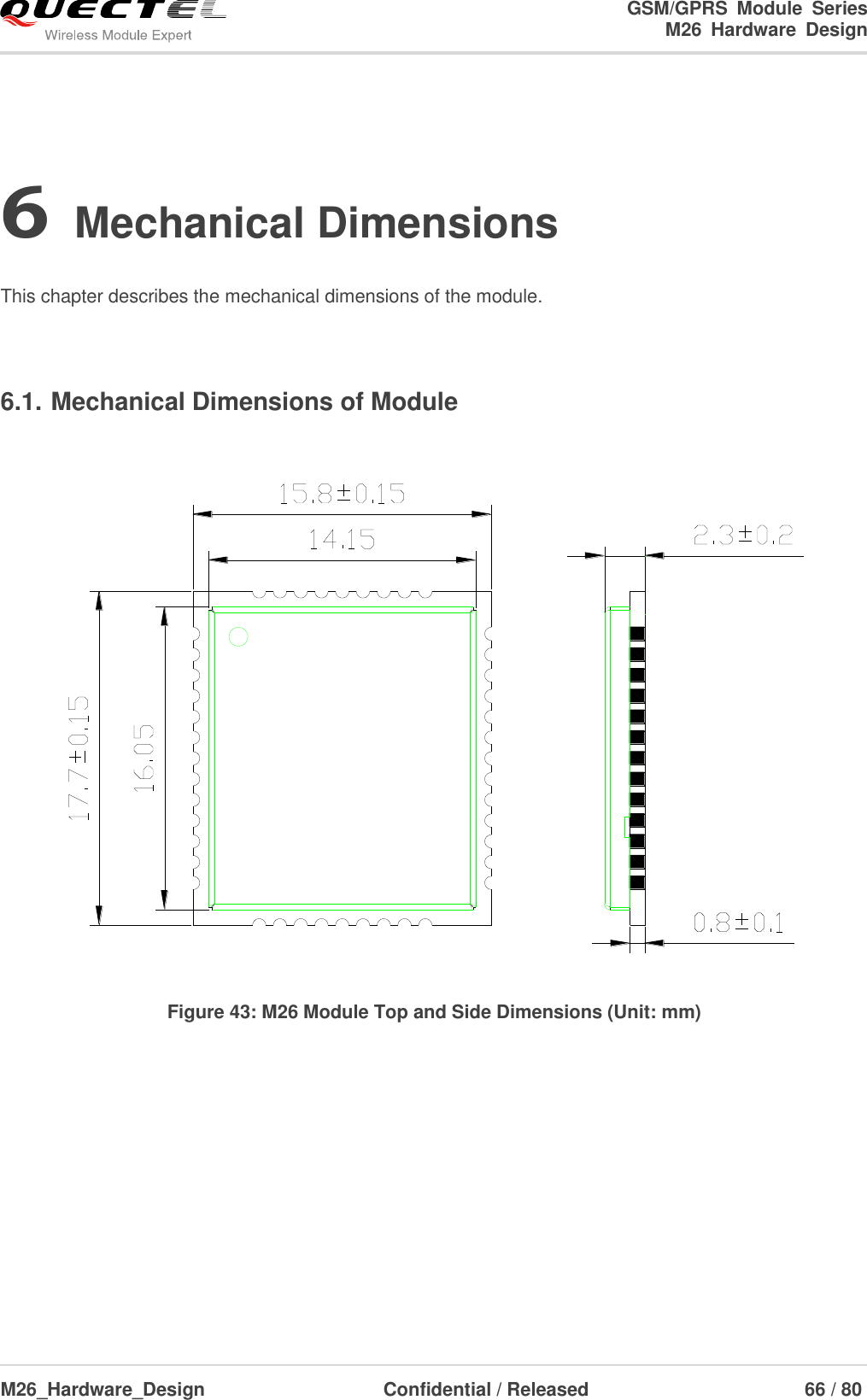                                                                        GSM/GPRS  Module  Series                                                                 M26  Hardware  Design  M26_Hardware_Design                     Confidential / Released                              66 / 80      6 Mechanical Dimensions  This chapter describes the mechanical dimensions of the module.  6.1. Mechanical Dimensions of Module   Figure 43: M26 Module Top and Side Dimensions (Unit: mm)  