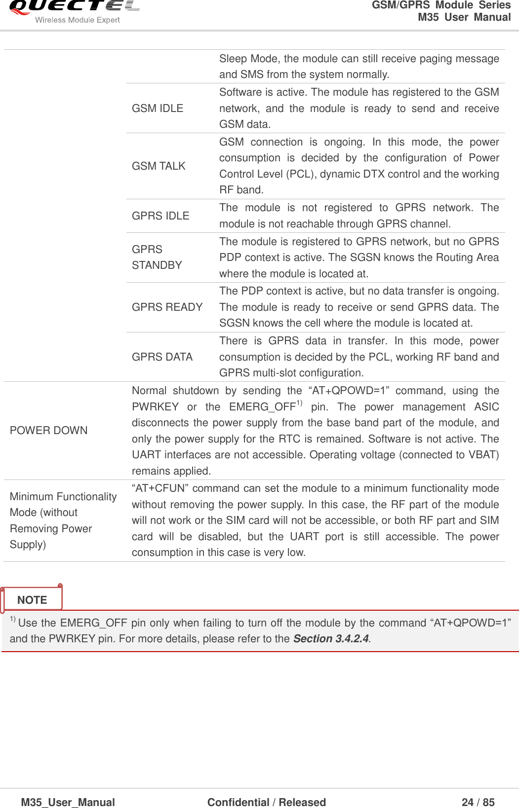                                                                              GSM/GPRS  Module  Series                                                                 M35  User  Manual  M35_User_Manual                                  Confidential / Released                             24 / 85      1) Use the EMERG_OFF pin only when failing to turn off the module by the command ―AT+QPOWD=1‖ and the PWRKEY pin. For more details, please refer to the Section 3.4.2.4.  Sleep Mode, the module can still receive paging message and SMS from the system normally. GSM IDLE Software is active. The module has registered to the GSM network,  and  the  module  is  ready  to  send  and  receive GSM data. GSM TALK GSM  connection  is  ongoing.  In  this  mode,  the  power consumption  is  decided  by  the  configuration  of  Power Control Level (PCL), dynamic DTX control and the working RF band. GPRS IDLE The  module  is  not  registered  to  GPRS  network.  The module is not reachable through GPRS channel. GPRS STANDBY The module is registered to GPRS network, but no GPRS PDP context is active. The SGSN knows the Routing Area where the module is located at. GPRS READY The PDP context is active, but no data transfer is ongoing. The module is ready to receive or send GPRS data. The SGSN knows the cell where the module is located at.   GPRS DATA There  is  GPRS  data  in  transfer.  In  this  mode,  power consumption is decided by the PCL, working RF band and GPRS multi-slot configuration. POWER DOWN Normal  shutdown  by  sending  the  ―AT+QPOWD=1‖  command,  using  the PWRKEY  or  the  EMERG_OFF1)  pin.  The  power  management  ASIC disconnects the power supply from the base band part of the module, and only the power supply for the RTC is remained. Software is not active. The UART interfaces are not accessible. Operating voltage (connected to VBAT) remains applied. Minimum Functionality Mode (without Removing Power Supply) ―AT+CFUN‖ command can set the module to a minimum functionality mode without removing the power supply. In this case, the RF part of the module will not work or the SIM card will not be accessible, or both RF part and SIM card  will  be  disabled,  but  the  UART  port  is  still  accessible.  The  power consumption in this case is very low. NOTE 