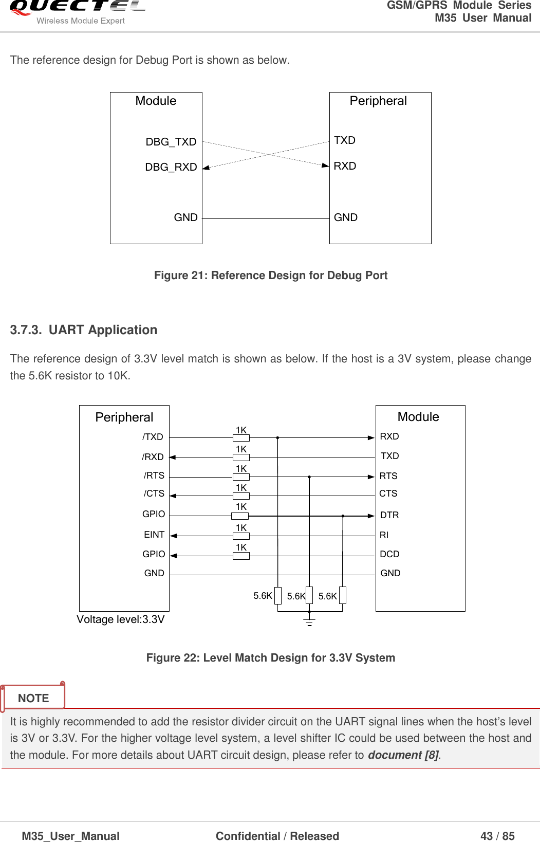                                                                              GSM/GPRS  Module  Series                                                                 M35  User  Manual  M35_User_Manual                                  Confidential / Released                             43 / 85    The reference design for Debug Port is shown as below.  PeripheralTXDRXDGND Module DBG_TXDDBG_RXD                   GND Figure 21: Reference Design for Debug Port  3.7.3.  UART Application The reference design of 3.3V level match is shown as below. If the host is a 3V system, please change the 5.6K resistor to 10K.  Peripheral/TXD/RXD1KTXDRXDRTSCTSDTRRI/RTS/CTSGPIOEINTGPIO DCDModule1K1KVoltage level:3.3V5.6K5.6K5.6K1K1K1K1KGND GND Figure 22: Level Match Design for 3.3V System  It is highly recommended to add the resistor divider circuit on the UART signal lines when the host’s level is 3V or 3.3V. For the higher voltage level system, a level shifter IC could be used between the host and the module. For more details about UART circuit design, please refer to document [8].  NOTE 