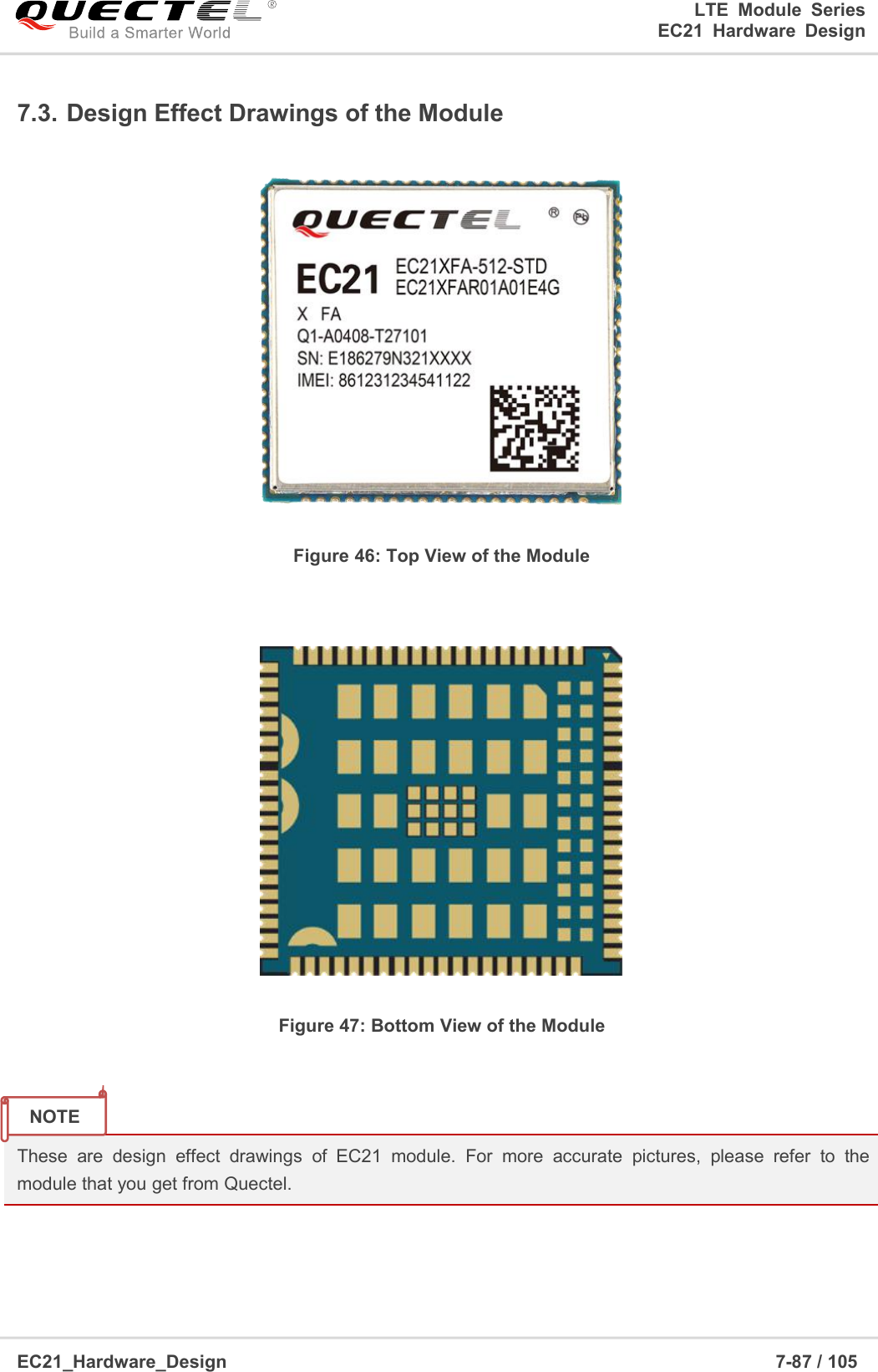 LTE Module SeriesEC21 Hardware DesignEC21_Hardware_Design 7-87 / 1057.3. Design Effect Drawings of the ModuleFigure 46: Top View of the ModuleFigure 47: Bottom View of the ModuleThese are design effect drawings of EC21 module. For more accurate pictures, please refer to themodule that you get from Quectel.NOTE