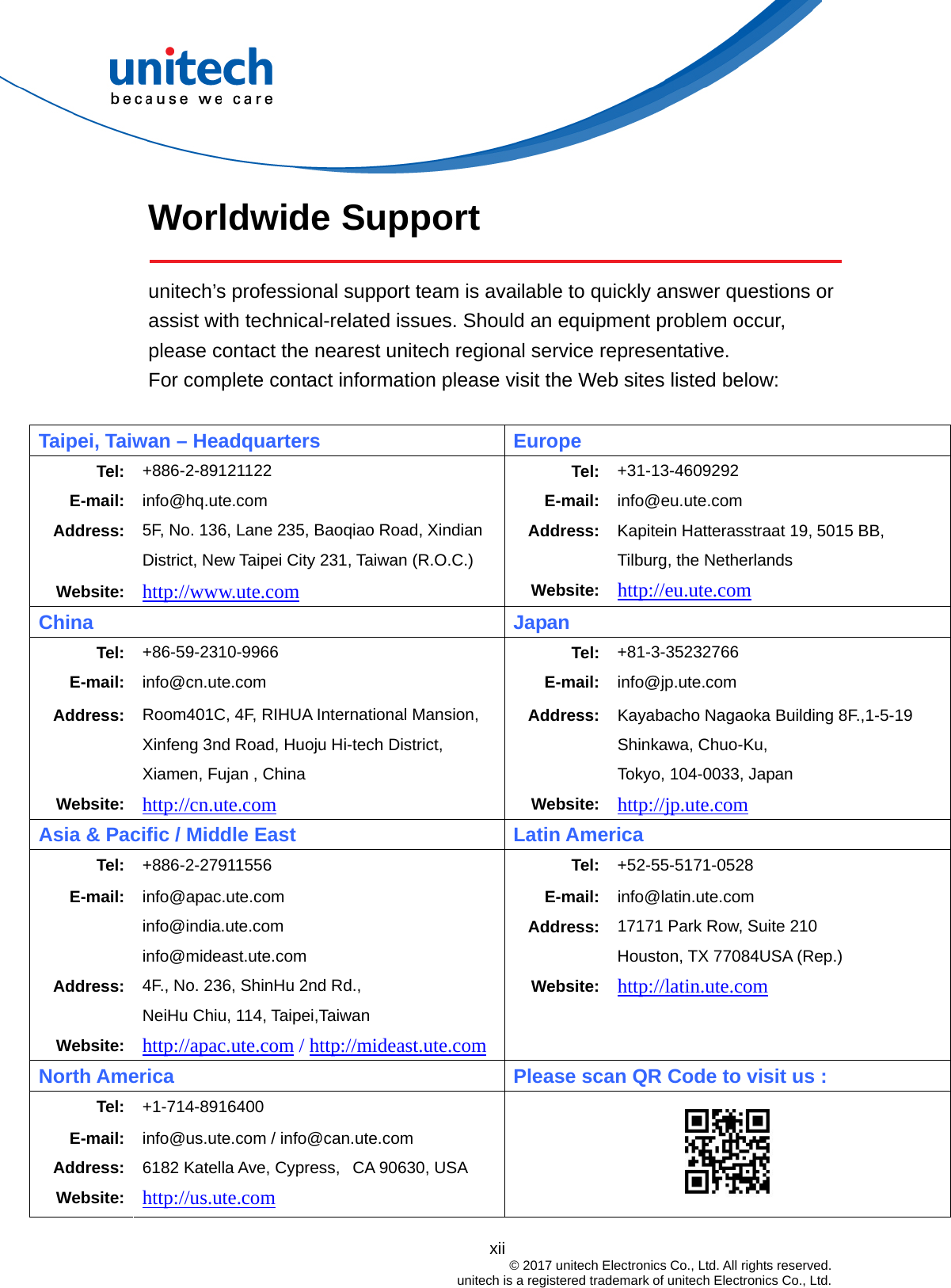  Worldwide Support    unitech’s professional support team is available to quickly answer questions or assist with technical-related issues. Should an equipment problem occur, please contact the nearest unitech regional service representative.   For complete contact information please visit the Web sites listed below:  Taipei, Taiwan – Headquarters Europe Tel: +886-2-89121122  Tel: +31-13-4609292 E-mail: info@hq.ute.com  E-mail: info@eu.ute.com Address: 5F, No. 136, Lane 235, Baoqiao Road, Xindian District, New Taipei City 231, Taiwan (R.O.C.) Address: Kapitein Hatterasstraat 19, 5015 BB, Tilburg, the Netherlands xii                                         © 2017 unitech Electronics Co., Ltd. All rights reserved.                                             unitech is a registered trademark of unitech Electronics Co., Ltd.  Website: http://www.ute.com Website: http://eu.ute.com China   Japan Tel: +86-59-2310-9966 Tel: +81-3-35232766 E-mail: info@cn.ute.com  E-mail: info@jp.ute.com Address:   Website: Room401C, 4F, RIHUA International Mansion, Xinfeng 3nd Road, Huoju Hi-tech District, Xiamen, Fujan , China http://cn.ute.com Address:Website:Kayabacho Nagaoka Building 8F.,1-5-19 Shinkawa, Chuo-Ku,   Tokyo, 104-0033, Japan http://jp.ute.com Asia &amp; Pacific / Middle East Latin America Tel:  +886-2-27911556  Tel: +52-55-5171-0528 E-mail:  info@apac.ute.com info@india.ute.com info@mideast.ute.com E-mail:Address:info@latin.ute.com 17171 Park Row, Suite 210   Houston, TX 77084USA (Rep.) Address:  4F., No. 236, ShinHu 2nd Rd., NeiHu Chiu, 114, Taipei,Taiwan Website: http://latin.ute.com Website: http://apac.ute.com / http://mideast.ute.com  North America Please scan QR Code to visit us : Tel: +1-714-8916400 E-mail: Address: Website: info@us.ute.com / info@can.ute.com 6182 Katella Ave, Cypress,   CA 90630, USA http://us.ute.com  