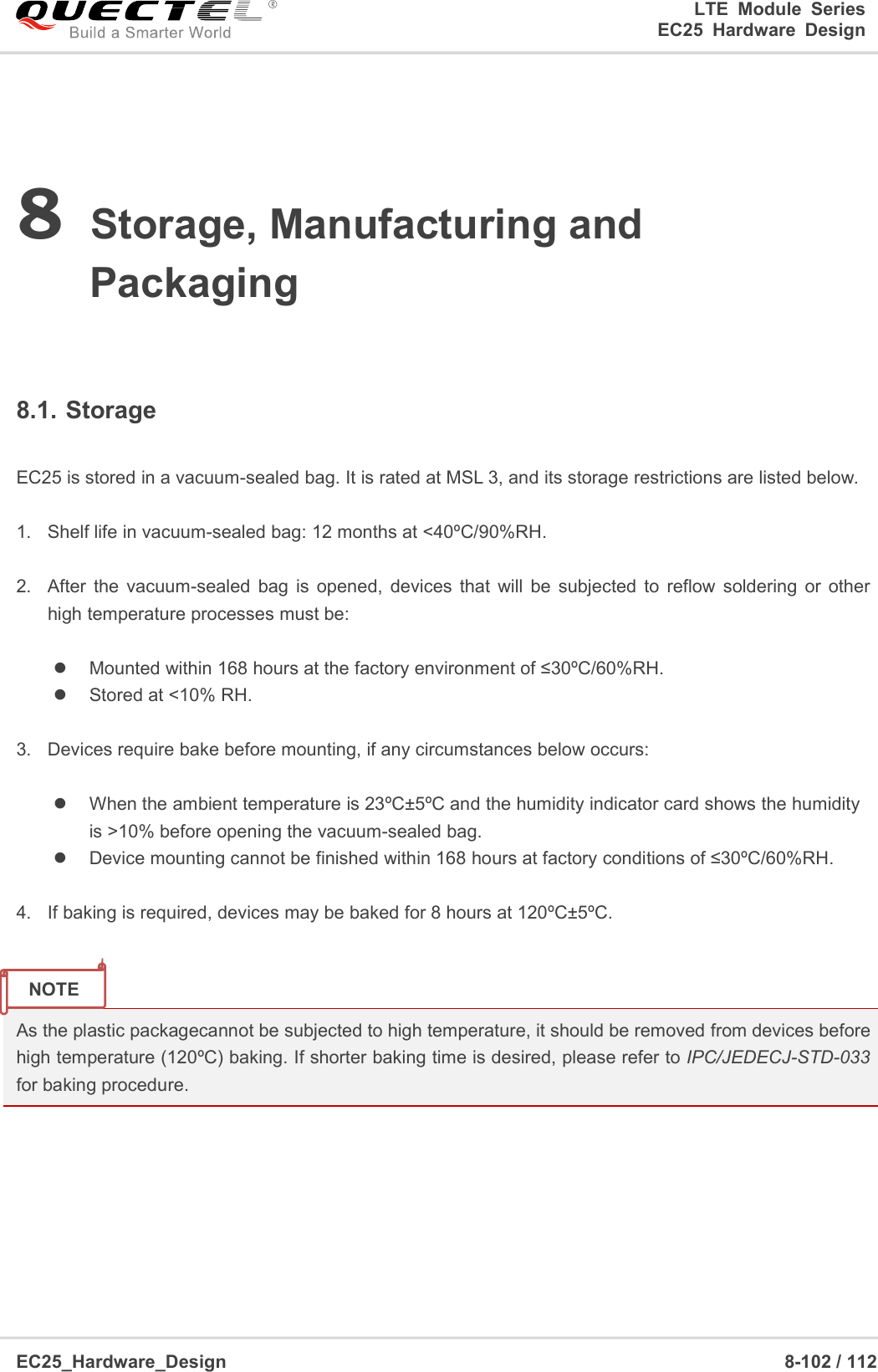 LTE Module SeriesEC25 Hardware DesignEC25_Hardware_Design 8-102 / 1128Storage, Manufacturing andPackaging8.1. StorageEC25 is stored in a vacuum-sealed bag. It is rated at MSL 3, and its storage restrictions are listed below.1. Shelf life in vacuum-sealed bag: 12 months at &lt;40ºC/90%RH.2. After the vacuum-sealed bag is opened, devices that will be subjected to reflow soldering or otherhigh temperature processes must be:Mounted within 168 hours at the factory environment of ≤30ºC/60%RH.Stored at &lt;10% RH.3. Devices require bake before mounting, if any circumstances below occurs:When the ambient temperature is 23ºC±5ºC and the humidity indicator card shows the humidityis &gt;10% before opening the vacuum-sealed bag.Device mounting cannot be finished within 168 hours at factory conditions of ≤30ºC/60%RH.4. If baking is required, devices may be baked for 8 hours at 120ºC±5ºC.As the plastic packagecannot be subjected to high temperature, it should be removed from devices beforehigh temperature (120ºC) baking. If shorter baking time is desired, please refer to IPC/JEDECJ-STD-033for baking procedure.NOTE