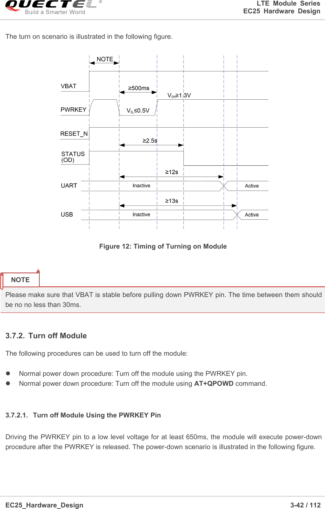 LTE Module SeriesEC25 Hardware DesignEC25_Hardware_Design 3-42 / 112The turn on scenario is illustrated in the following figure.Figure 12: Timing of Turning on ModulePlease make sure that VBAT is stable before pulling down PWRKEY pin. The time between them shouldbe no no less than 30ms.3.7.2. Turn off ModuleThe following procedures can be used to turn off the module:Normal power down procedure: Turn off the module using the PWRKEY pin.Normal power down procedure: Turn off the module using AT+QPOWD command.3.7.2.1. Turn off Module Using the PWRKEY PinDriving the PWRKEY pin to a low level voltage for at least 650ms, the module will execute power-downprocedure after the PWRKEY is released. The power-down scenario is illustrated in the following figure.NOTE