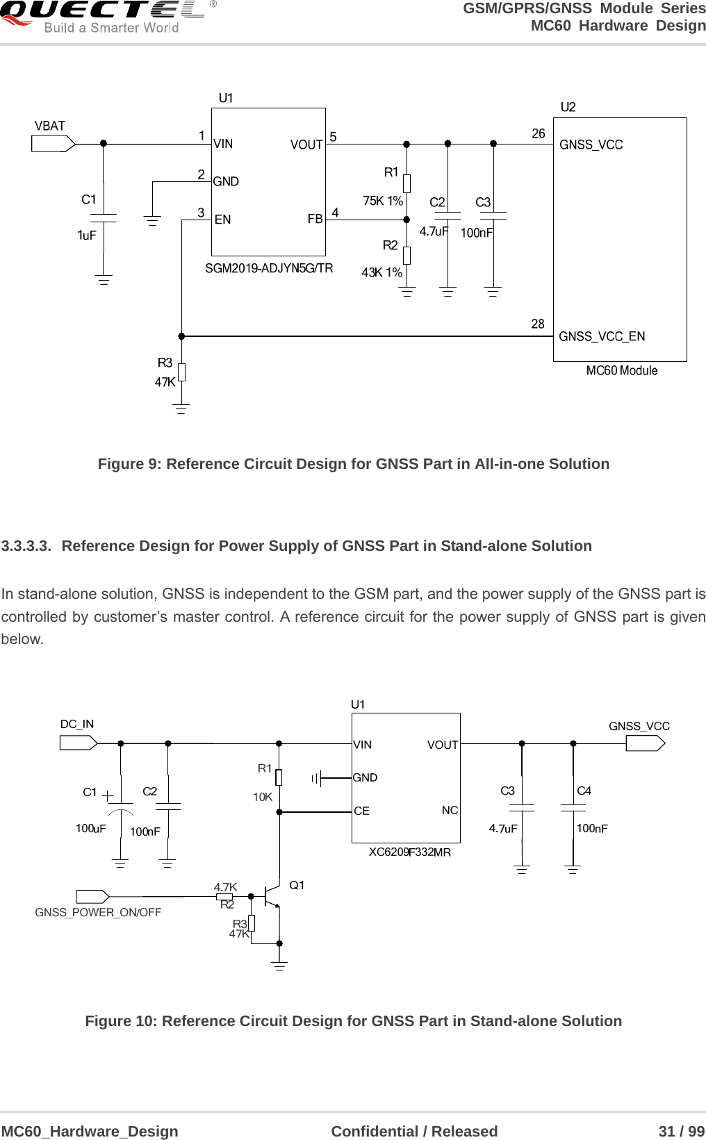                                                                    GSM/GPRS/GNSS Module Series                                                                 MC60 Hardware Design  MC60_Hardware_Design                    Confidential / Released                     31 / 99      Figure 9: Reference Circuit Design for GNSS Part in All-in-one Solution  3.3.3.3.  Reference Design for Power Supply of GNSS Part in Stand-alone Solution In stand-alone solution, GNSS is independent to the GSM part, and the power supply of the GNSS part is controlled by customer’s master control. A reference circuit for the power supply of GNSS part is given below.    Figure 10: Reference Circuit Design for GNSS Part in Stand-alone Solution  