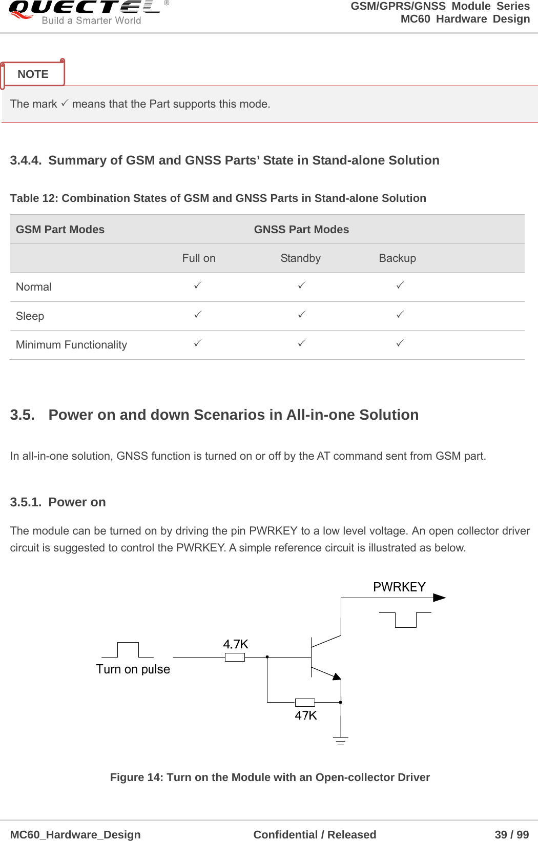                                                                     GSM/GPRS/GNSS Module Series                                                                 MC60 Hardware Design  MC60_Hardware_Design                    Confidential / Released                     39 / 99      The mark  means that the Part supports this mode.  3.4.4.  Summary of GSM and GNSS Parts’ State in Stand-alone Solution Table 12: Combination States of GSM and GNSS Parts in Stand-alone Solution GSM Part Modes  GNSS Part Modes    Full on    Standby  Backup Normal     Sleep       Minimum Functionality      3.5.  Power on and down Scenarios in All-in-one Solution  In all-in-one solution, GNSS function is turned on or off by the AT command sent from GSM part.  3.5.1. Power on The module can be turned on by driving the pin PWRKEY to a low level voltage. An open collector driver circuit is suggested to control the PWRKEY. A simple reference circuit is illustrated as below.    Figure 14: Turn on the Module with an Open-collector Driver NOTE 