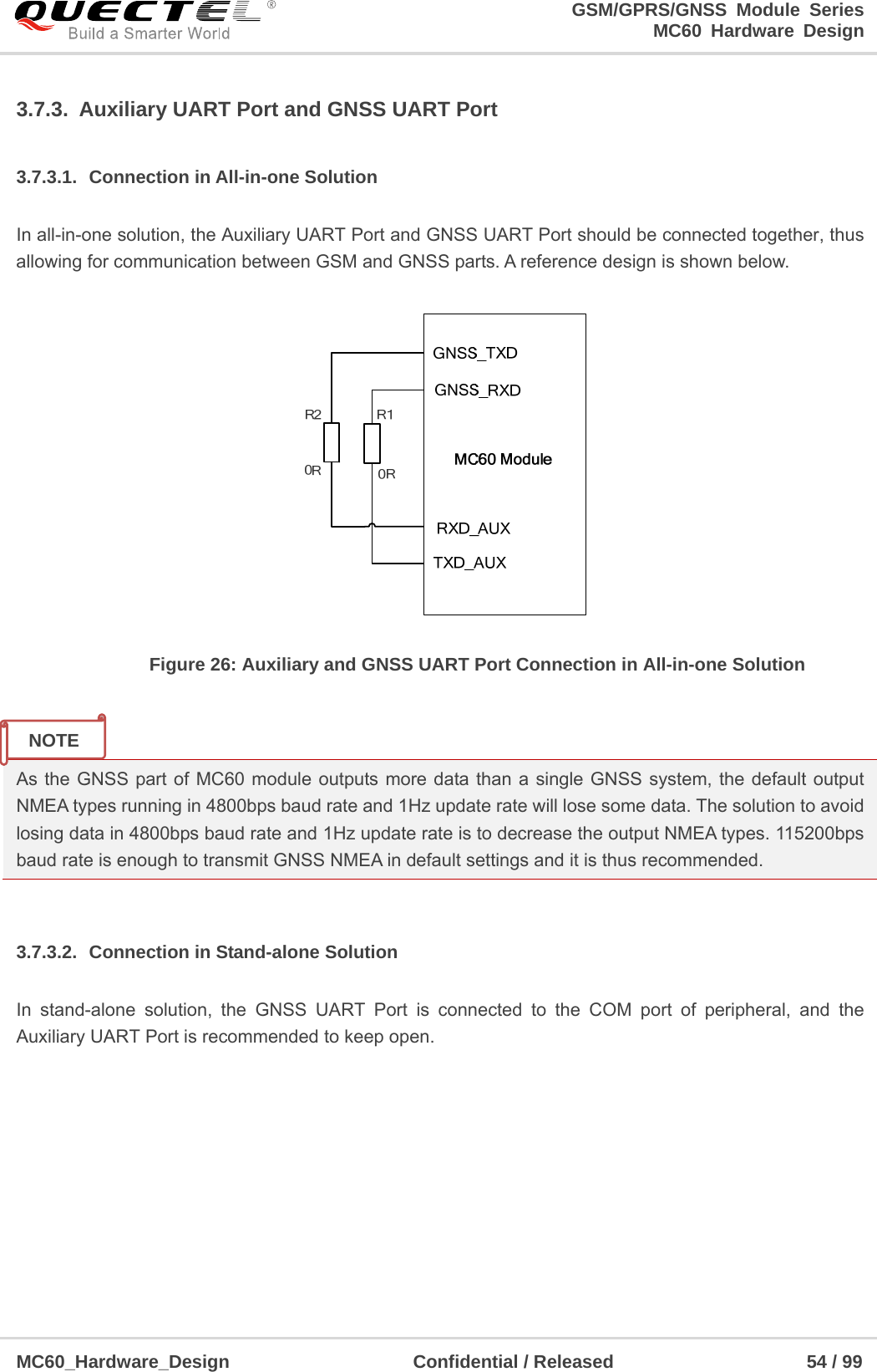                                                                     GSM/GPRS/GNSS Module Series                                                                 MC60 Hardware Design  MC60_Hardware_Design                    Confidential / Released                     54 / 99     3.7.3.  Auxiliary UART Port and GNSS UART Port 3.7.3.1.  Connection in All-in-one Solution In all-in-one solution, the Auxiliary UART Port and GNSS UART Port should be connected together, thus allowing for communication between GSM and GNSS parts. A reference design is shown below.    Figure 26: Auxiliary and GNSS UART Port Connection in All-in-one Solution   As the GNSS part of MC60 module outputs more data than a single GNSS system, the default output NMEA types running in 4800bps baud rate and 1Hz update rate will lose some data. The solution to avoid losing data in 4800bps baud rate and 1Hz update rate is to decrease the output NMEA types. 115200bps baud rate is enough to transmit GNSS NMEA in default settings and it is thus recommended.  3.7.3.2.  Connection in Stand-alone Solution In stand-alone solution, the GNSS UART Port is connected to the COM port of peripheral, and the Auxiliary UART Port is recommended to keep open. NOTE 