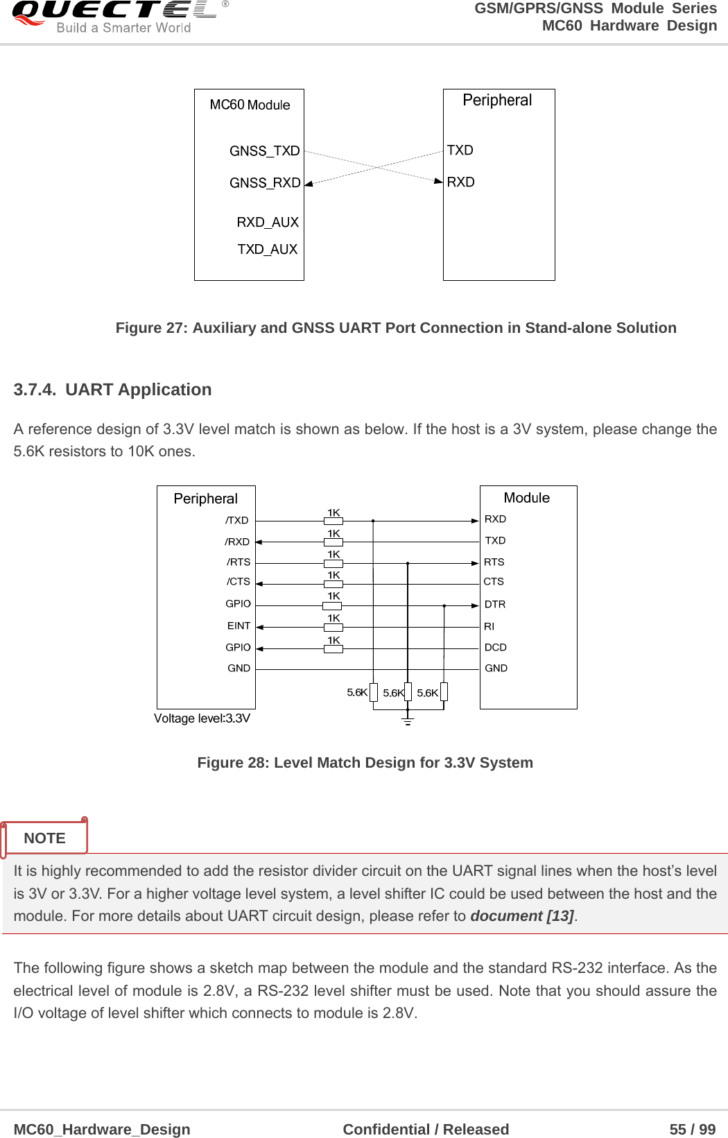                                                                     GSM/GPRS/GNSS Module Series                                                                 MC60 Hardware Design  MC60_Hardware_Design                    Confidential / Released                     55 / 99      Figure 27: Auxiliary and GNSS UART Port Connection in Stand-alone Solution  3.7.4. UART Application A reference design of 3.3V level match is shown as below. If the host is a 3V system, please change the 5.6K resistors to 10K ones.    Figure 28: Level Match Design for 3.3V System   It is highly recommended to add the resistor divider circuit on the UART signal lines when the host’s level is 3V or 3.3V. For a higher voltage level system, a level shifter IC could be used between the host and the module. For more details about UART circuit design, please refer to document [13].  The following figure shows a sketch map between the module and the standard RS-232 interface. As the electrical level of module is 2.8V, a RS-232 level shifter must be used. Note that you should assure the I/O voltage of level shifter which connects to module is 2.8V. NOTE 