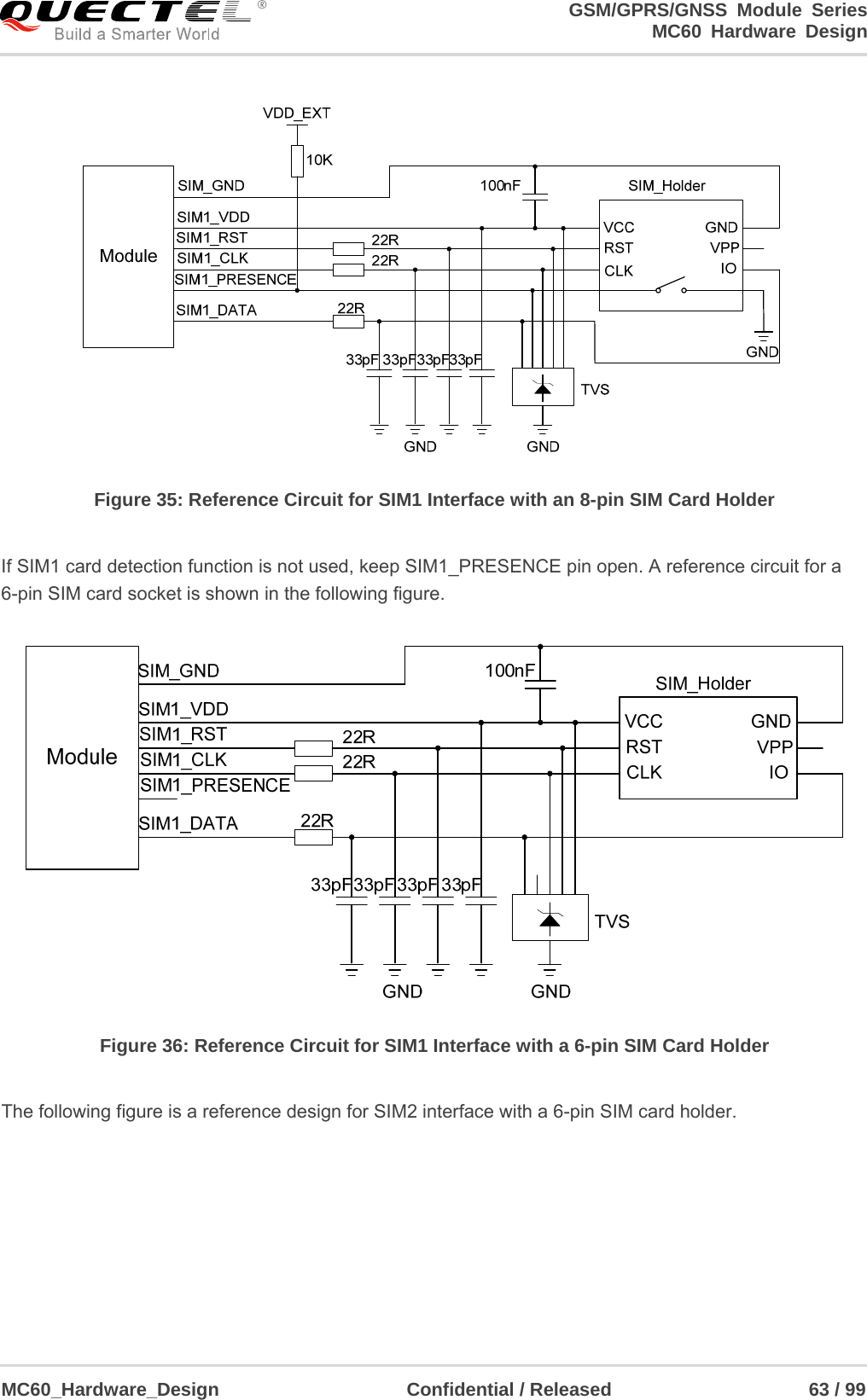                                                                    GSM/GPRS/GNSS Module Series                                                                 MC60 Hardware Design  MC60_Hardware_Design                    Confidential / Released                     63 / 99      Figure 35: Reference Circuit for SIM1 Interface with an 8-pin SIM Card Holder  If SIM1 card detection function is not used, keep SIM1_PRESENCE pin open. A reference circuit for a 6-pin SIM card socket is shown in the following figure.  Figure 36: Reference Circuit for SIM1 Interface with a 6-pin SIM Card Holder  The following figure is a reference design for SIM2 interface with a 6-pin SIM card holder. 