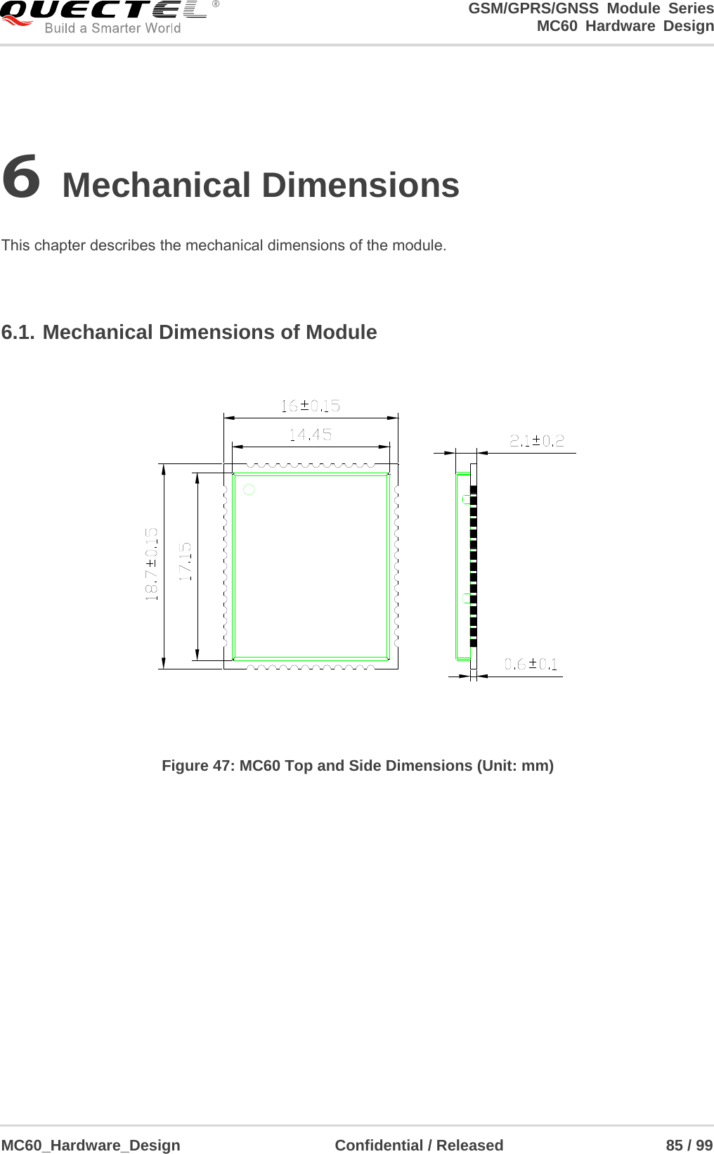                                                                     GSM/GPRS/GNSS Module Series                                                                 MC60 Hardware Design  MC60_Hardware_Design                    Confidential / Released                     85 / 99     6 Mechanical Dimensions  This chapter describes the mechanical dimensions of the module.  6.1. Mechanical Dimensions of Module  Figure 47: MC60 Top and Side Dimensions (Unit: mm)              