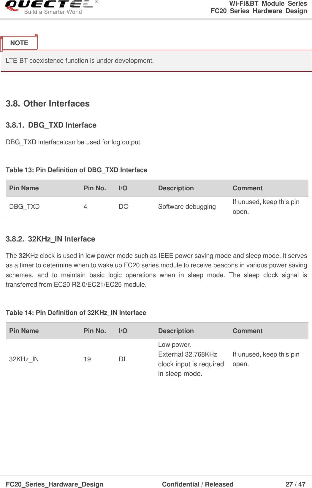                                                                        Wi-Fi&amp;BT  Module  Series                                                               FC20  Series  Hardware  Design  FC20_Series_Hardware_Design                                    Confidential / Released                    27 / 47     LTE-BT coexistence function is under development.  3.8. Other Interfaces 3.8.1.  DBG_TXD Interface DBG_TXD interface can be used for log output.    Table 13: Pin Definition of DBG_TXD Interface Pin Name   Pin No. I/O Description Comment DBG_TXD 4 DO Software debugging If unused, keep this pin open.  3.8.2.  32KHz_IN Interface   The 32KHz clock is used in low power mode such as IEEE power saving mode and sleep mode. It serves as a timer to determine when to wake up FC20 series module to receive beacons in various power saving schemes,  and  to  maintain  basic  logic  operations  when  in  sleep  mode.  The  sleep  clock  signal  is transferred from EC20 R2.0/EC21/EC25 module.  Table 14: Pin Definition of 32KHz_IN Interface Pin Name   Pin No. I/O Description Comment 32KHz_IN 19 DI Low power. External 32.768KHz clock input is required in sleep mode. If unused, keep this pin open.      NOTE 