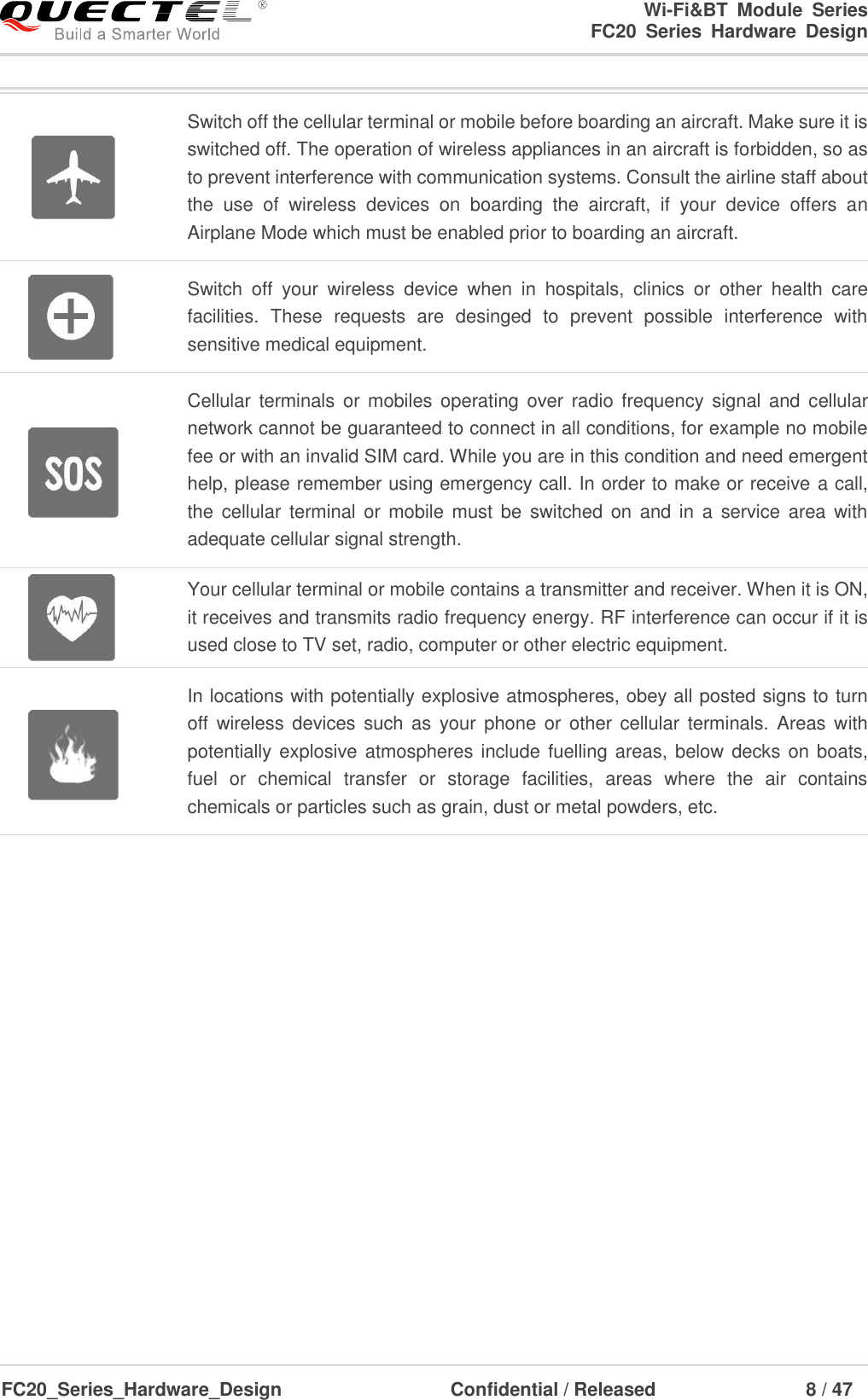                                                                        Wi-Fi&amp;BT  Module  Series                                                               FC20  Series  Hardware  Design  FC20_Series_Hardware_Design                                    Confidential / Released                    8 / 47     Switch off the cellular terminal or mobile before boarding an aircraft. Make sure it is switched off. The operation of wireless appliances in an aircraft is forbidden, so as to prevent interference with communication systems. Consult the airline staff about the  use  of  wireless  devices  on  boarding  the  aircraft,  if  your  device  offers  an Airplane Mode which must be enabled prior to boarding an aircraft.  Switch  off  your  wireless  device  when  in  hospitals,  clinics  or  other  health  care facilities.  These  requests  are  desinged  to  prevent  possible  interference  with sensitive medical equipment.    Cellular  terminals  or mobiles  operating  over radio  frequency  signal and  cellular network cannot be guaranteed to connect in all conditions, for example no mobile fee or with an invalid SIM card. While you are in this condition and need emergent help, please remember using emergency call. In order to make or receive a call, the  cellular  terminal  or mobile  must  be  switched on  and in  a  service  area  with adequate cellular signal strength.  Your cellular terminal or mobile contains a transmitter and receiver. When it is ON, it receives and transmits radio frequency energy. RF interference can occur if it is used close to TV set, radio, computer or other electric equipment.  In locations with potentially explosive atmospheres, obey all posted signs to turn off  wireless devices  such  as  your phone  or  other  cellular terminals. Areas  with potentially explosive atmospheres include fuelling areas, below decks on boats, fuel  or  chemical  transfer  or  storage  facilities,  areas  where  the  air  contains chemicals or particles such as grain, dust or metal powders, etc.             