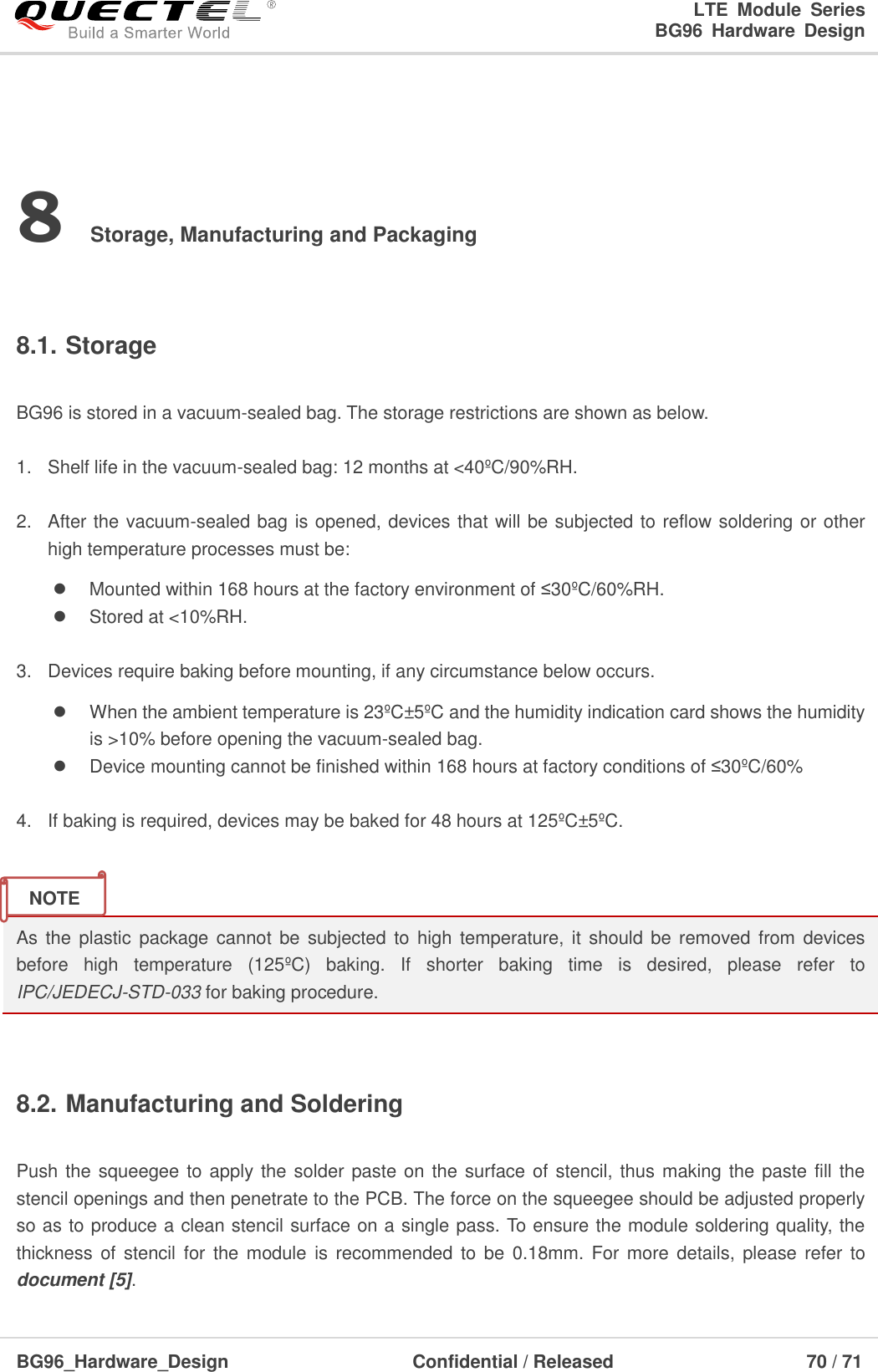 LTE  Module  Series                                                  BG96  Hardware  Design  BG96_Hardware_Design                              Confidential / Released                             70 / 71    8 Storage, Manufacturing and Packaging  8.1. Storage  BG96 is stored in a vacuum-sealed bag. The storage restrictions are shown as below.    1.  Shelf life in the vacuum-sealed bag: 12 months at &lt;40ºC/90%RH.  2.  After the vacuum-sealed bag is opened, devices that will be subjected to reflow soldering or other high temperature processes must be:     Mounted within 168 hours at the factory environment of ≤30ºC/60%RH.   Stored at &lt;10%RH.  3.  Devices require baking before mounting, if any circumstance below occurs.   When the ambient temperature is 23ºC±5ºC and the humidity indication card shows the humidity is &gt;10% before opening the vacuum-sealed bag.    Device mounting cannot be finished within 168 hours at factory conditions of ≤30ºC/60%  4.  If baking is required, devices may be baked for 48 hours at 125ºC±5ºC.   As  the  plastic package cannot be  subjected  to  high  temperature, it should be removed  from  devices before  high  temperature  (125ºC )  baking.  If  shorter  baking  time  is  desired,  please  refer  to IPC/JEDECJ-STD-033 for baking procedure.  8.2. Manufacturing and Soldering  Push the squeegee to apply the solder paste on the surface of stencil, thus making the paste fill the stencil openings and then penetrate to the PCB. The force on the squeegee should be adjusted properly so as to produce a clean stencil surface on a single pass. To ensure the module soldering quality, the thickness of stencil for  the module is recommended to be  0.18mm. For more  details,  please  refer  to document [5]. NOTE 