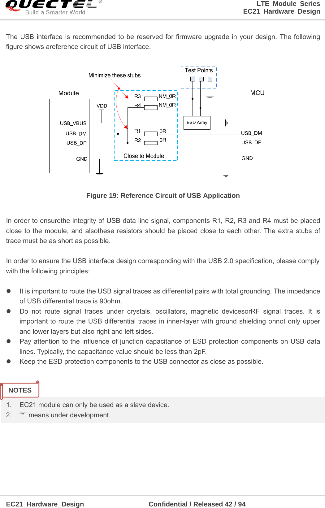 LTE Module Series                                                                 EC21 Hardware Design  EC21_Hardware_Design                   Confidential / Released 42 / 94    The USB interface is recommended to be reserved for firmware upgrade in your design. The following figure shows areference circuit of USB interface.  Figure 19: Reference Circuit of USB Application  In order to ensurethe integrity of USB data line signal, components R1, R2, R3 and R4 must be placed close to the module, and alsothese resistors should be placed close to each other. The extra stubs of trace must be as short as possible.  In order to ensure the USB interface design corresponding with the USB 2.0 specification, please comply with the following principles:    It is important to route the USB signal traces as differential pairs with total grounding. The impedance of USB differential trace is 90ohm.   Do not route signal traces under crystals, oscillators, magnetic devicesorRF signal traces. It is important to route the USB differential traces in inner-layer with ground shielding onnot only upper and lower layers but also right and left sides.   Pay attention to the influence of junction capacitance of ESD protection components on USB data lines. Typically, the capacitance value should be less than 2pF.   Keep the ESD protection components to the USB connector as close as possible.   1.  EC21 module can only be used as a slave device. 2.  “*” means under development.   NOTES 