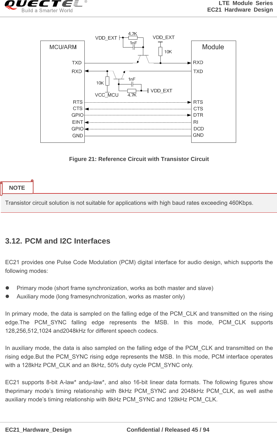 LTE Module Series                                                                 EC21 Hardware Design  EC21_Hardware_Design                   Confidential / Released 45 / 94     Figure 21: Reference Circuit with Transistor Circuit   Transistor circuit solution is not suitable for applications with high baud rates exceeding 460Kbps.  3.12. PCM and I2C Interfaces  EC21 provides one Pulse Code Modulation (PCM) digital interface for audio design, which supports the following modes:    Primary mode (short frame synchronization, works as both master and slave)   Auxiliary mode (long framesynchronization, works as master only)  In primary mode, the data is sampled on the falling edge of the PCM_CLK and transmitted on the rising edge.The PCM_SYNC falling edge represents the MSB. In this mode, PCM_CLK supports 128,256,512,1024 and2048kHz for different speech codecs.  In auxiliary mode, the data is also sampled on the falling edge of the PCM_CLK and transmitted on the rising edge.But the PCM_SYNC rising edge represents the MSB. In this mode, PCM interface operates with a 128kHz PCM_CLK and an 8kHz, 50% duty cycle PCM_SYNC only.  EC21 supports 8-bit A-law* andμ-law*, and also 16-bit linear data formats. The following figures show theprimary mode’s timing relationship with 8kHz PCM_SYNC and 2048kHz PCM_CLK, as well asthe auxiliary mode’s timing relationship with 8kHz PCM_SYNC and 128kHz PCM_CLK. NOTE 