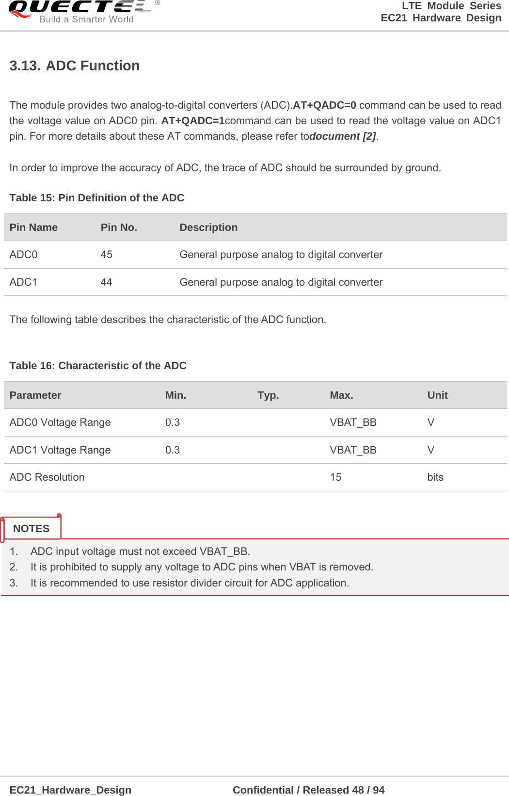LTE Module Series                                                                 EC21 Hardware Design  EC21_Hardware_Design                   Confidential / Released 48 / 94    3.13. ADC Function  The module provides two analog-to-digital converters (ADC).AT+QADC=0 command can be used to read the voltage value on ADC0 pin. AT+QADC=1command can be used to read the voltage value on ADC1 pin. For more details about these AT commands, please refer todocument [2].  In order to improve the accuracy of ADC, the trace of ADC should be surrounded by ground. Table 15: Pin Definition of the ADC Pin Name  Pin No.  Description ADC0  45  General purpose analog to digital converter ADC1  44  General purpose analog to digital converter  The following table describes the characteristic of the ADC function.  Table 16: Characteristic of the ADC Parameter  Min.  Typ.  Max.  Unit ADC0 Voltage Range  0.3    VBAT_BB  V ADC1 Voltage Range  0.3    VBAT_BB  V ADC Resolution      15  bits   1.    ADC input voltage must not exceed VBAT_BB. 2.    It is prohibited to supply any voltage to ADC pins when VBAT is removed. 3.    It is recommended to use resistor divider circuit for ADC application.       NOTES 