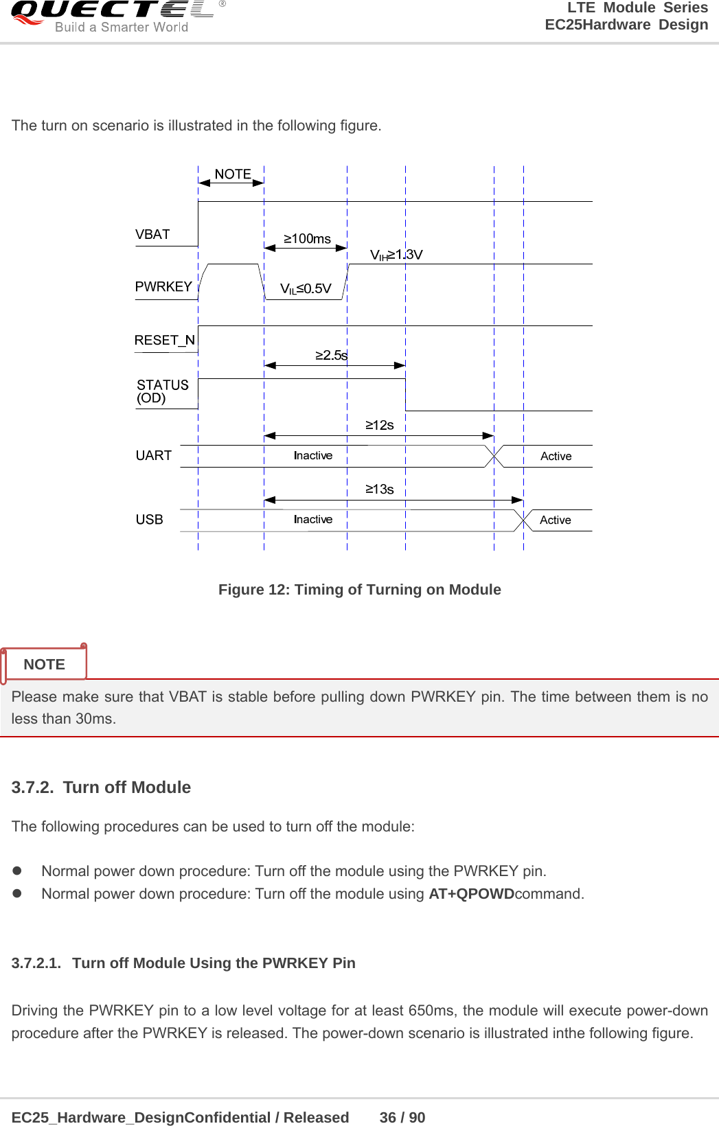 LTE Module Series                                                  EC25Hardware Design  EC25_Hardware_DesignConfidential / Released    36 / 90      The turn on scenario is illustrated in the following figure.  Figure 12: Timing of Turning on Module   Please make sure that VBAT is stable before pulling down PWRKEY pin. The time between them is no less than 30ms.  3.7.2.  Turn off Module The following procedures can be used to turn off the module:    Normal power down procedure: Turn off the module using the PWRKEY pin.   Normal power down procedure: Turn off the module using AT+QPOWDcommand.  3.7.2.1.  Turn off Module Using the PWRKEY Pin Driving the PWRKEY pin to a low level voltage for at least 650ms, the module will execute power-down procedure after the PWRKEY is released. The power-down scenario is illustrated inthe following figure. NOTE 