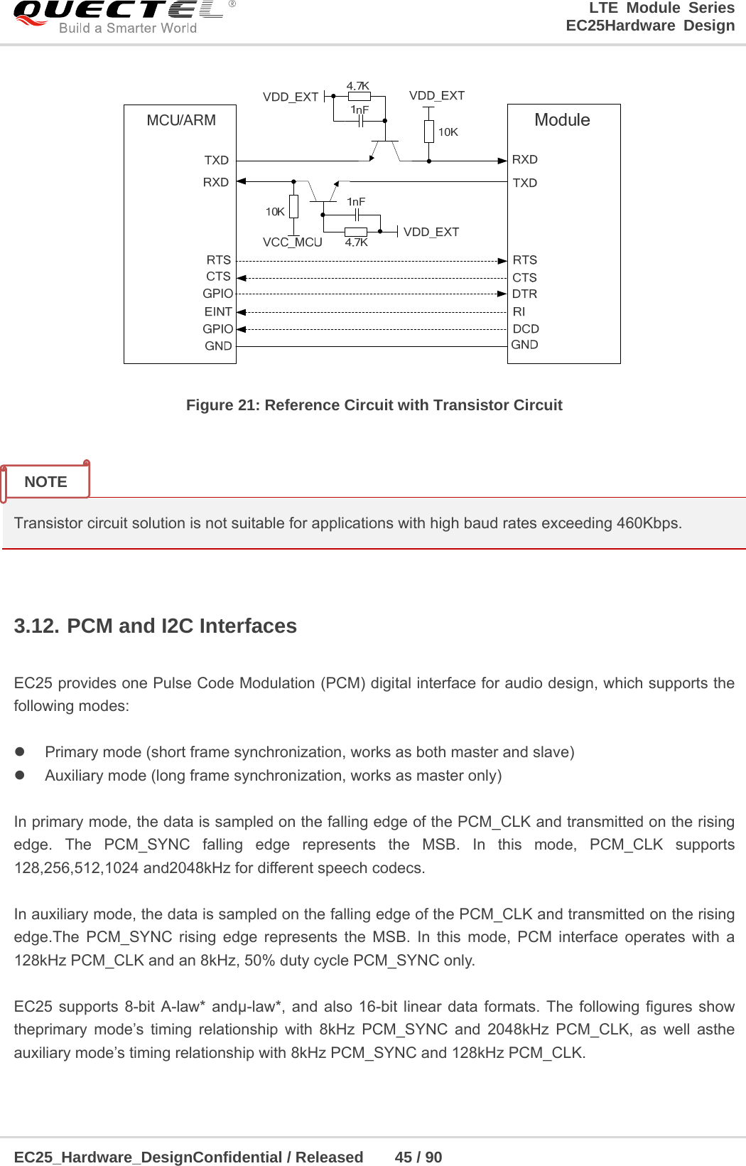 LTE Module Series                                                  EC25Hardware Design  EC25_Hardware_DesignConfidential / Released    45 / 90     Figure 21: Reference Circuit with Transistor Circuit    Transistor circuit solution is not suitable for applications with high baud rates exceeding 460Kbps.  3.12. PCM and I2C Interfaces  EC25 provides one Pulse Code Modulation (PCM) digital interface for audio design, which supports the following modes:    Primary mode (short frame synchronization, works as both master and slave)   Auxiliary mode (long frame synchronization, works as master only)  In primary mode, the data is sampled on the falling edge of the PCM_CLK and transmitted on the rising edge. The PCM_SYNC falling edge represents the MSB. In this mode, PCM_CLK supports 128,256,512,1024 and2048kHz for different speech codecs.  In auxiliary mode, the data is sampled on the falling edge of the PCM_CLK and transmitted on the rising edge.The PCM_SYNC rising edge represents the MSB. In this mode, PCM interface operates with a 128kHz PCM_CLK and an 8kHz, 50% duty cycle PCM_SYNC only.  EC25 supports 8-bit A-law* andμ-law*, and also 16-bit linear data formats. The following figures show theprimary mode’s timing relationship with 8kHz PCM_SYNC and 2048kHz PCM_CLK, as well asthe auxiliary mode’s timing relationship with 8kHz PCM_SYNC and 128kHz PCM_CLK. NOTE 