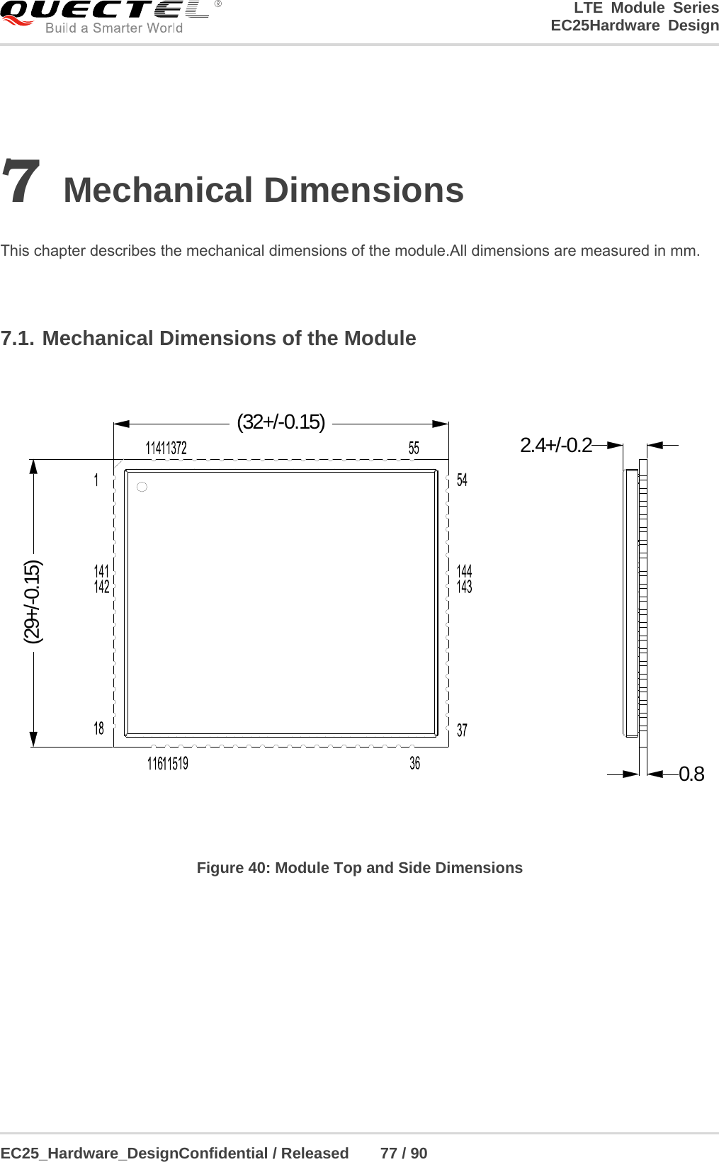 LTE Module Series                                                  EC25Hardware Design  EC25_Hardware_DesignConfidential / Released    77 / 90    7 Mechanical Dimensions  This chapter describes the mechanical dimensions of the module.All dimensions are measured in mm.  7.1. Mechanical Dimensions of the Module (32+/-0.15)(29+/-0.15)0.82.4+/-0.2 Figure 40: Module Top and Side Dimensions  