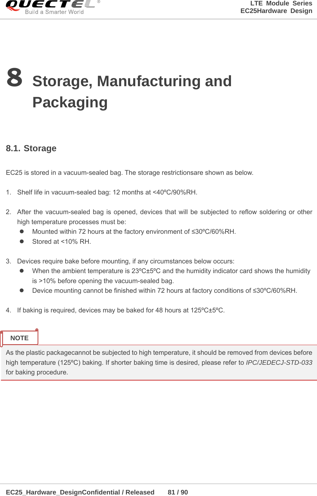LTE Module Series                                                  EC25Hardware Design  EC25_Hardware_DesignConfidential / Released    81 / 90    8 Storage, Manufacturing and Packaging  8.1. Storage  EC25 is stored in a vacuum-sealed bag. The storage restrictionsare shown as below.    1.  Shelf life in vacuum-sealed bag: 12 months at &lt;40ºC/90%RH.    2.  After the vacuum-sealed bag is opened, devices that will be subjected to reflow soldering or other high temperature processes must be:   Mounted within 72 hours at the factory environment of ≤30ºC/60%RH.   Stored at &lt;10% RH.  3.  Devices require bake before mounting, if any circumstances below occurs:   When the ambient temperature is 23ºC±5ºC and the humidity indicator card shows the humidity     is &gt;10% before opening the vacuum-sealed bag.   Device mounting cannot be finished within 72 hours at factory conditions of ≤30ºC/60%RH.  4.  If baking is required, devices may be baked for 48 hours at 125ºC±5ºC.   As the plastic packagecannot be subjected to high temperature, it should be removed from devices before high temperature (125ºC) baking. If shorter baking time is desired, please refer to IPC/JEDECJ-STD-033 for baking procedure.      NOTE 