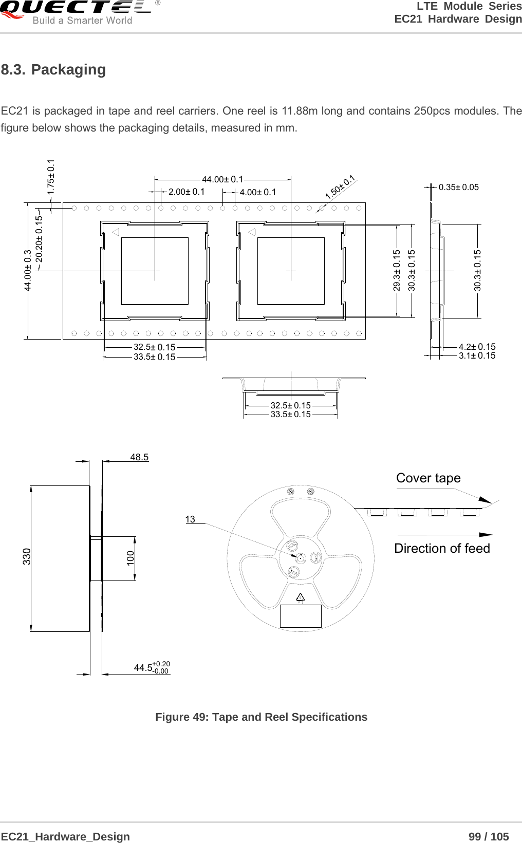                                                                        LTE Module Series                                                                 EC21 Hardware Design  EC21_Hardware_Design                                                            99 / 105    8.3. Packaging  EC21 is packaged in tape and reel carriers. One reel is 11.88m long and contains 250pcs modules. The figure below shows the packaging details, measured in mm. 30.3± 0.1529.3± 0.1530.3± 0.1532.5± 0.1533.5± 0.150.35± 0.054.2± 0.153.1± 0.1532.5± 0.1533.5± 0.154.00± 0.12.00±0.11.75± 0.120.20± 0.1544.00± 0.344.00±0.11.50±0.1 1310044.5+0.20-0.0048.5 Figure 49: Tape and Reel Specifications  