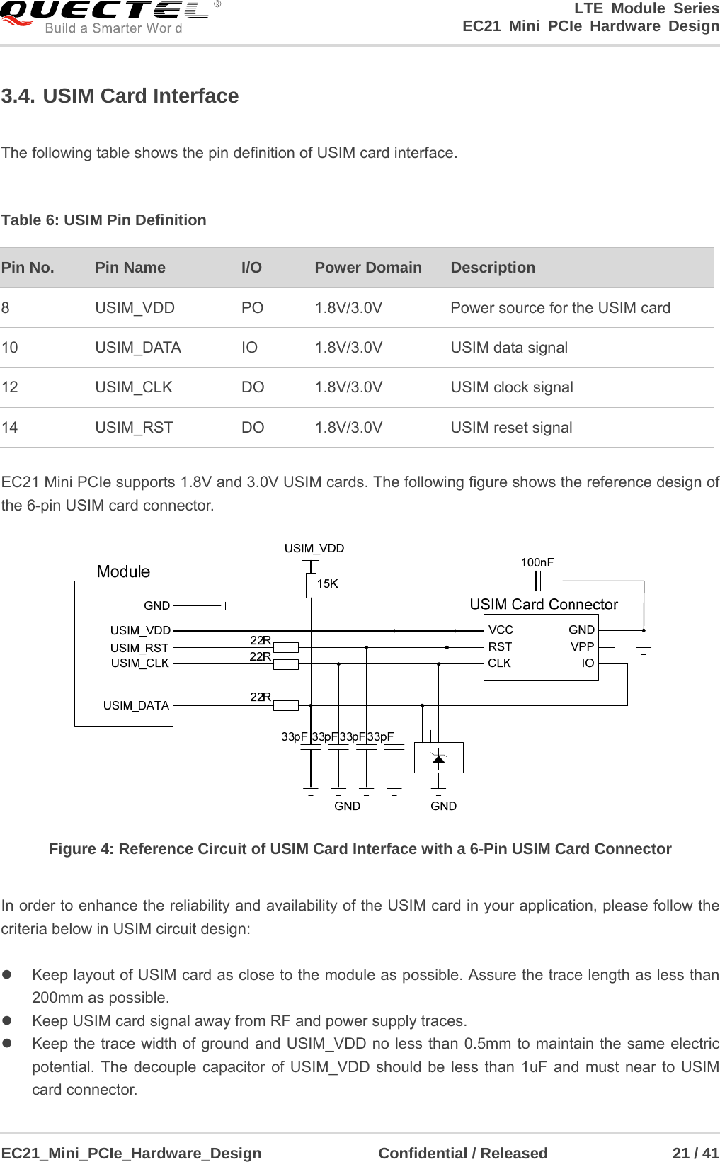                                                                        LTE Module Series                                                            EC21 Mini PCIe Hardware Design  EC21_Mini_PCIe_Hardware_Design               Confidential / Released                21 / 41    3.4. USIM Card Interface  The following table shows the pin definition of USIM card interface.  Table 6: USIM Pin Definition  EC21 Mini PCIe supports 1.8V and 3.0V USIM cards. The following figure shows the reference design of the 6-pin USIM card connector.  Figure 4: Reference Circuit of USIM Card Interface with a 6-Pin USIM Card Connector  In order to enhance the reliability and availability of the USIM card in your application, please follow the criteria below in USIM circuit design:    Keep layout of USIM card as close to the module as possible. Assure the trace length as less than 200mm as possible.     Keep USIM card signal away from RF and power supply traces.   Keep the trace width of ground and USIM_VDD no less than 0.5mm to maintain the same electric potential. The decouple capacitor of USIM_VDD should be less than 1uF and must near to USIM card connector. Pin No.  Pin Name I/O  Power Domain    Description 8 USIM_VDD PO       1.8V/3.0V         Power source for the USIM card 10 USIM_DATA IO 1.8V/3.0V USIM data signal 12 USIM_CLK DO 1.8V/3.0V USIM clock signal 14 USIM_RST DO       1.8V/3.0V USIM reset signal 