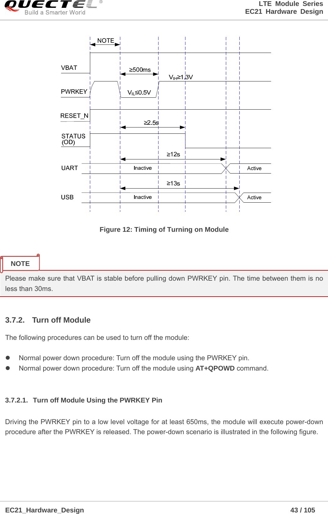                                                                        LTE Module Series                                                                 EC21 Hardware Design  EC21_Hardware_Design                                                            43 / 105     Figure 12: Timing of Turning on Module   Please make sure that VBAT is stable before pulling down PWRKEY pin. The time between them is no less than 30ms.  3.7.2.  Turn off Module The following procedures can be used to turn off the module:    Normal power down procedure: Turn off the module using the PWRKEY pin.   Normal power down procedure: Turn off the module using AT+QPOWD command.  3.7.2.1.  Turn off Module Using the PWRKEY Pin Driving the PWRKEY pin to a low level voltage for at least 650ms, the module will execute power-down procedure after the PWRKEY is released. The power-down scenario is illustrated in the following figure. NOTE 
