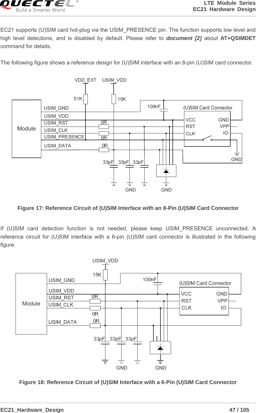                                                                        LTE Module Series                                                                 EC21 Hardware Design  EC21_Hardware_Design                                                            47 / 105    EC21 supports (U)SIM card hot-plug via the USIM_PRESENCE pin. The function supports low level and high level detections, and is disabled by default. Please refer to document [2] about AT+QSIMDET command for details.  The following figure shows a reference design for (U)SIM interface with an 8-pin (U)SIM card connector.  Figure 17: Reference Circuit of (U)SIM Interface with an 8-Pin (U)SIM Card Connector  If (U)SIM card detection function is not needed, please keep USIM_PRESENCE unconnected. A reference circuit for (U)SIM interface with a 6-pin (U)SIM card connector is illustrated in the following figure.  Figure 18: Reference Circuit of (U)SIM Interface with a 6-Pin (U)SIM Card Connector 