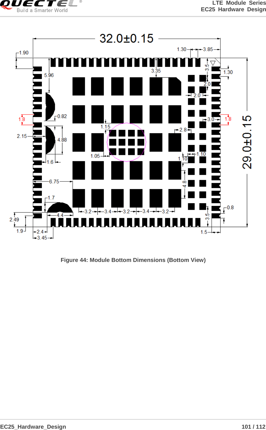 LTE Module Series                                                  EC25 Hardware Design  EC25_Hardware_Design                                                             101 / 112     Figure 44: Module Bottom Dimensions (Bottom View)  