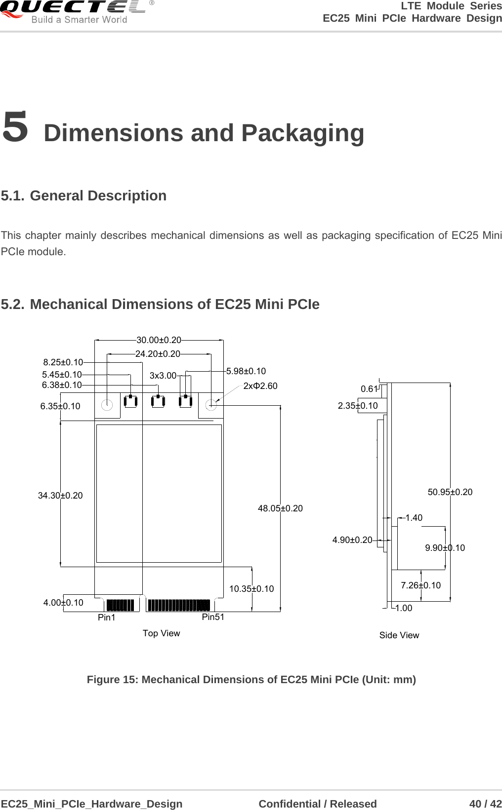                                        LTE Module Series                                                  EC25 Mini PCIe Hardware Design  EC25_Mini_PCIe_Hardware_Design              Confidential / Released                 40 / 42    5 Dimensions and Packaging  5.1. General Description  This chapter mainly describes mechanical dimensions as well as packaging specification of EC25 Mini PCIe module.  5.2. Mechanical Dimensions of EC25 Mini PCIe 10.35±0.1034.30±0.204.00±0.1048.05±0.206.35±0.103x3.00 5.98±0.106.38±0.105.45±0.108.25±0.10 24.20±0.2030.00±0.20Pin1 Pin51Top View1.007.26±0.101.404.90±0.200.612.35±0.1050.95±0.209.90±0.10Side View2xΦ2.60 Figure 15: Mechanical Dimensions of EC25 Mini PCIe (Unit: mm)   